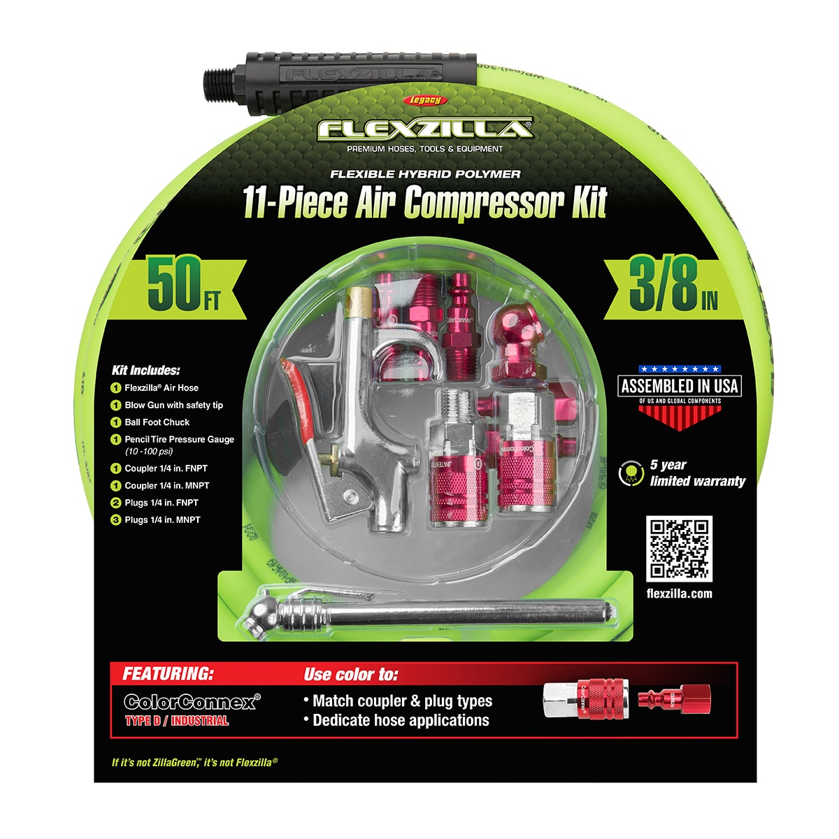 Kit de compresor de aire Flexzilla 11 piezas 3/8 pulg. 50 pies 1/4 pulg. NPT ColorConnex acoplador y conexiones Tipo D rojo HFZCLB11D