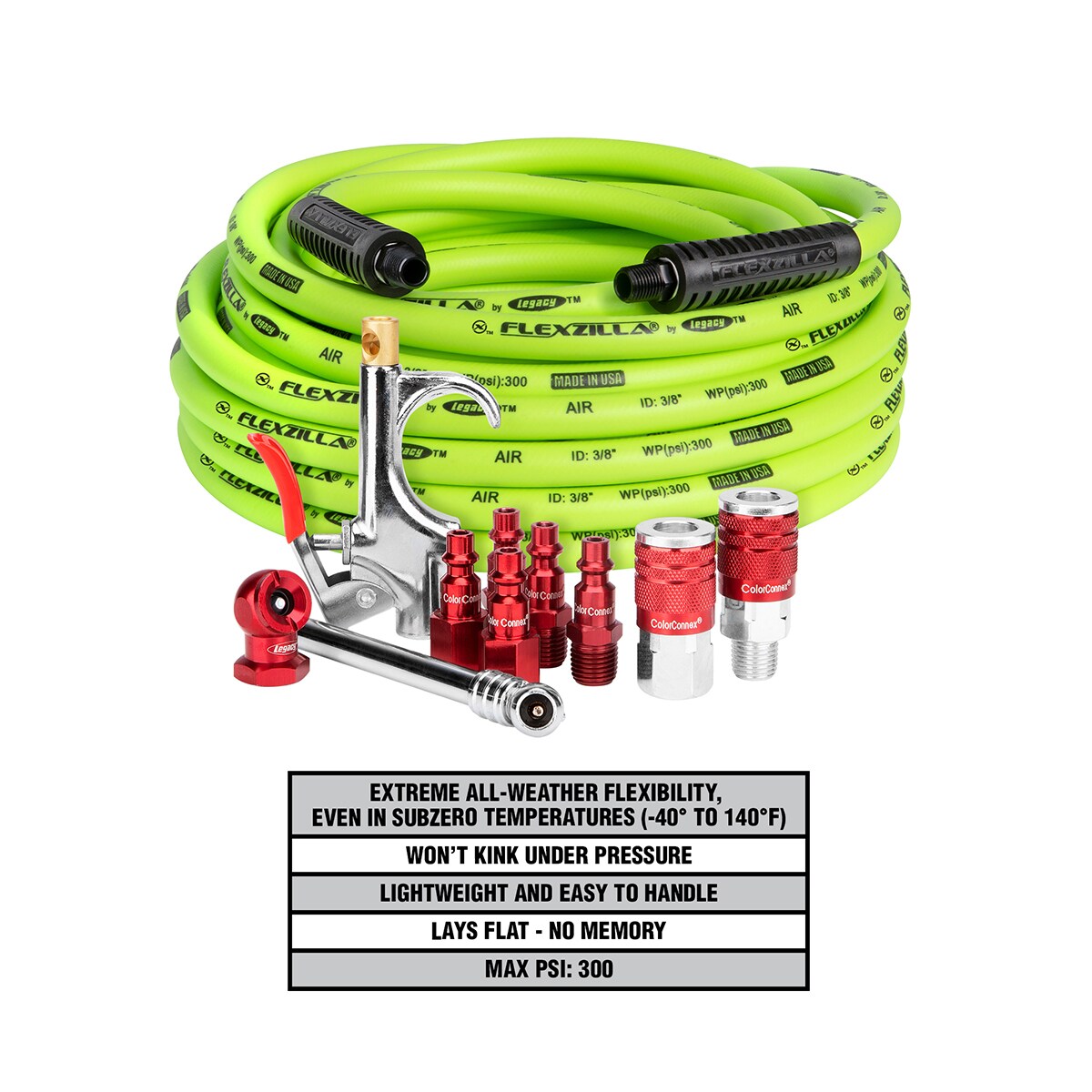 Kit de compresor de aire Flexzilla 11 piezas 3/8 pulg. 50 pies 1/4 pulg. NPT ColorConnex acoplador y conexiones Tipo D rojo HFZCLB11D