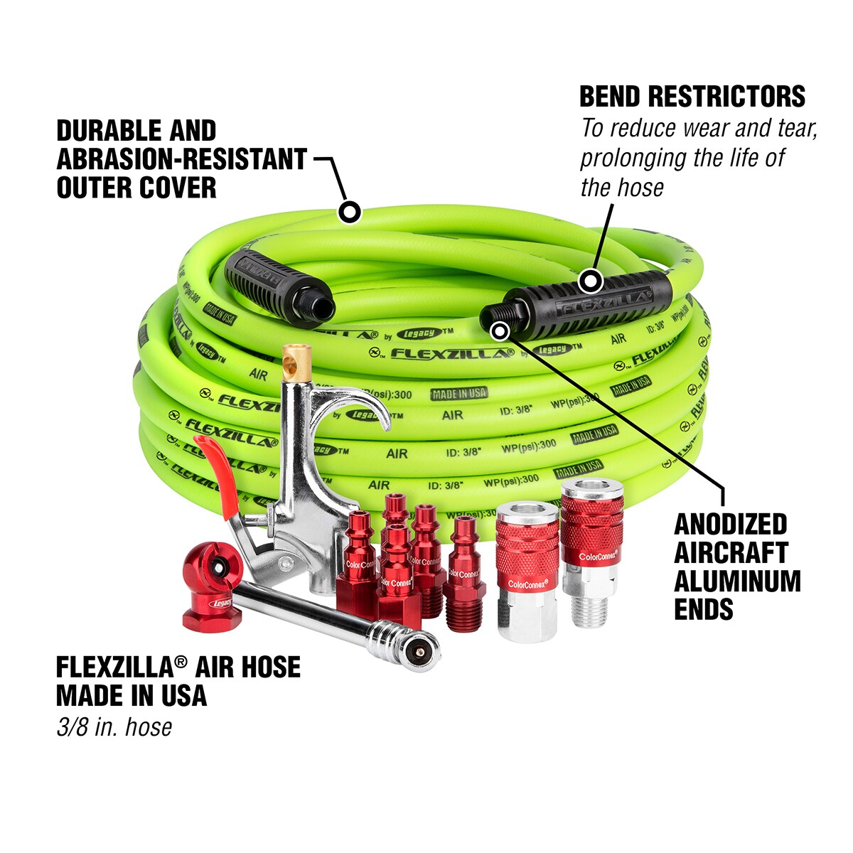Kit de compresor de aire Flexzilla 11 piezas 3/8 pulg. 50 pies 1/4 pulg. NPT ColorConnex acoplador y conexiones Tipo D rojo HFZCLB11D