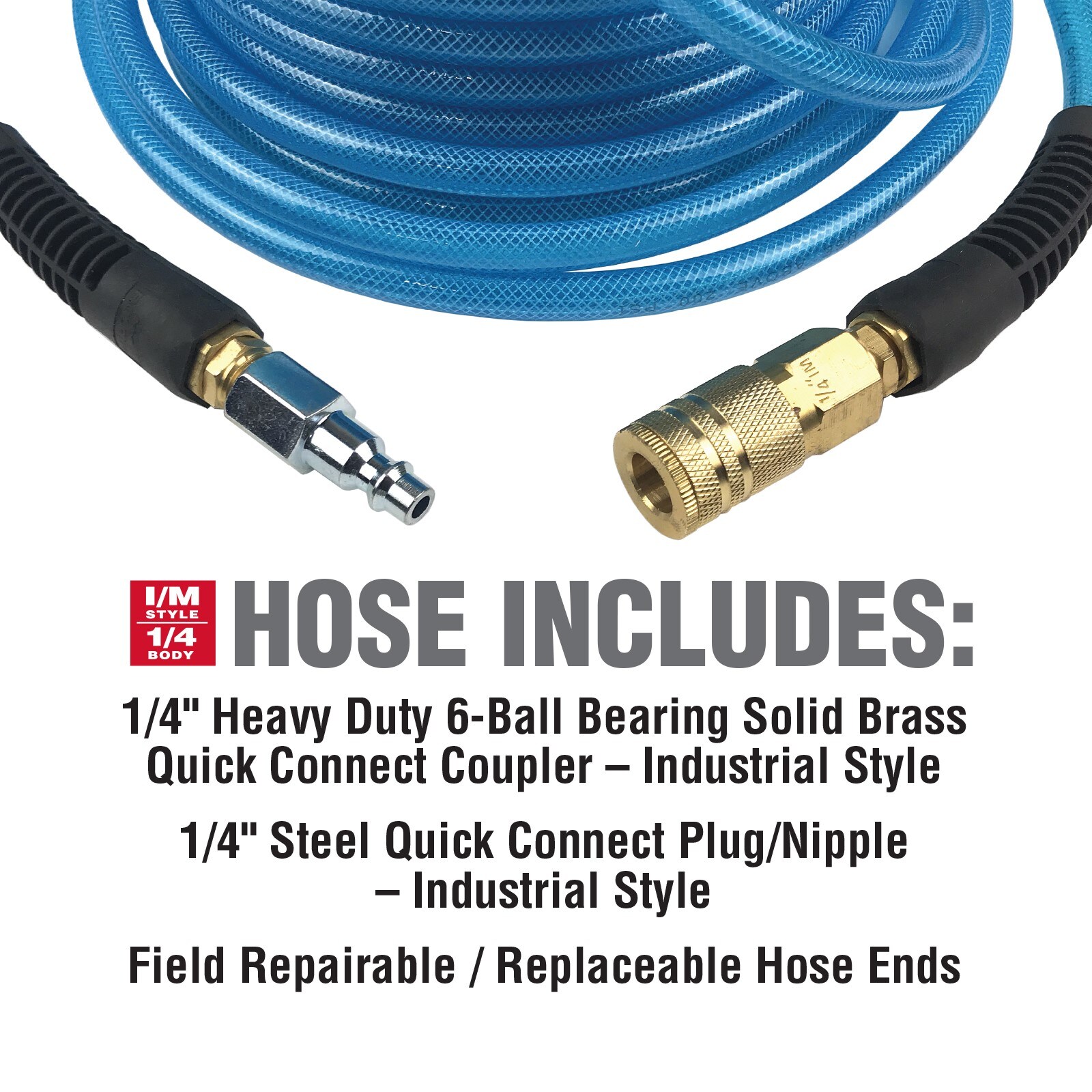 Manguera de aire de poliuretano Primefit de 1/4" x 50 pies con extremos reparables en campo y conexiones rápidas PU140502C-B