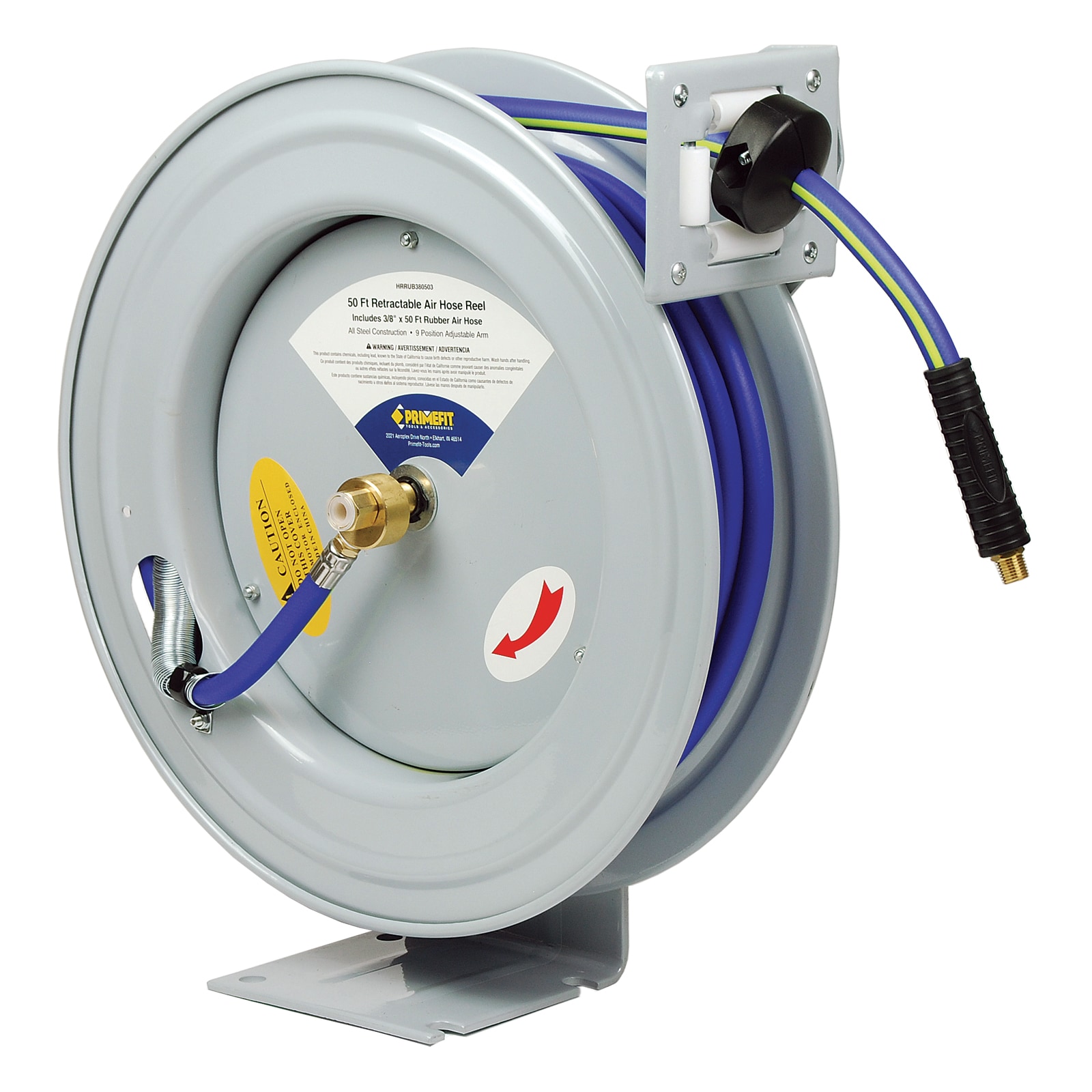 Carrete de manguera de aire retráctil automático Primefit de 3/8" x 50 pies con manguera de aire híbrida
