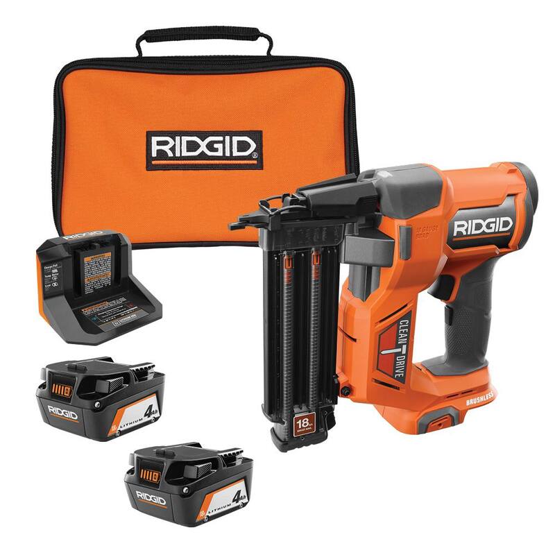 Clavadora inalámbrica RIDGID 18V sin escobillas de 18 galgas 2-1/8 in. con clavos de 2-1/8 in, (2) baterías de 4.0 Ah, cargador y bolsa - R09891B-AC93044SBN