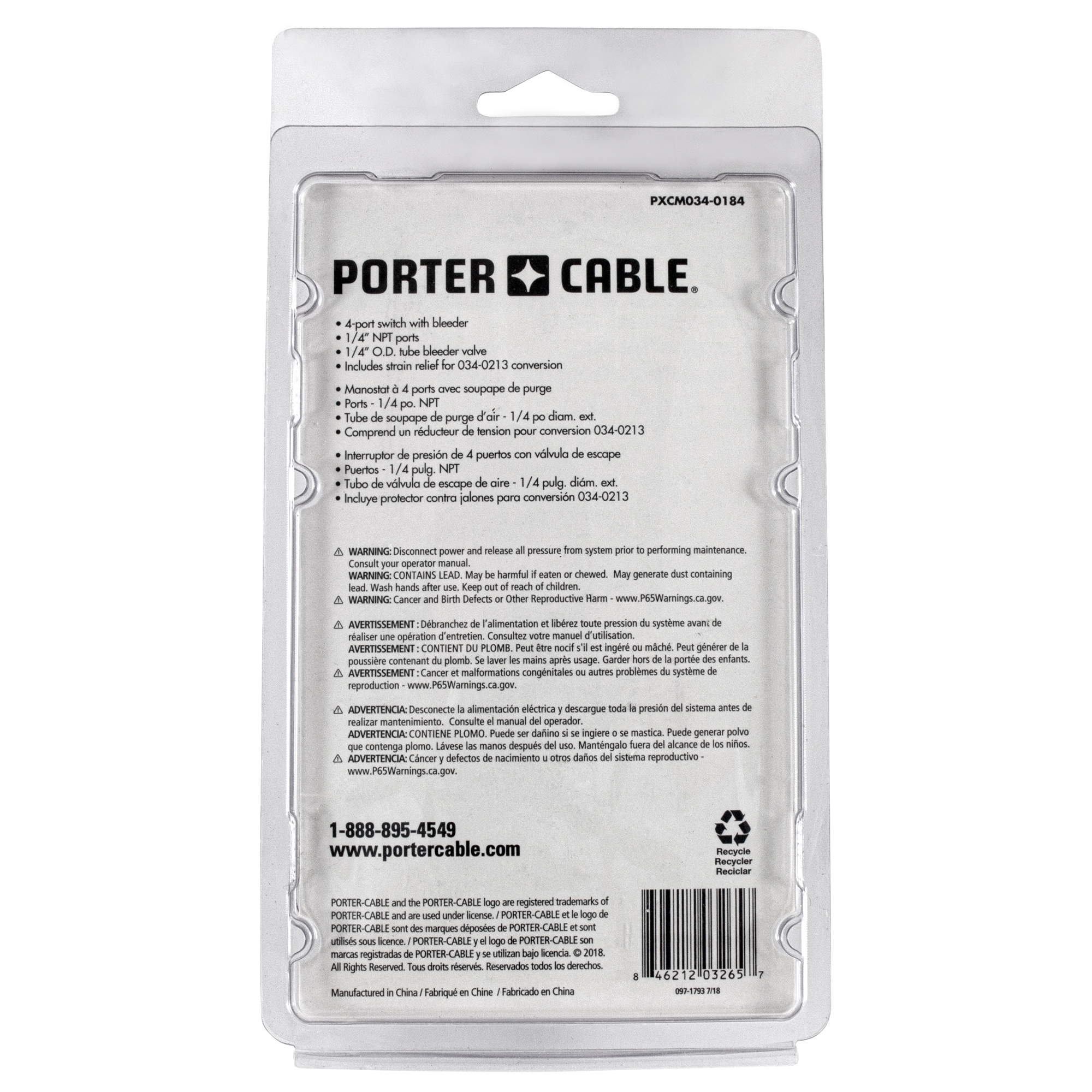 Interruptor de presión del compresor de aire Porter Cable 125-155 Psi (PXCM034-0184)