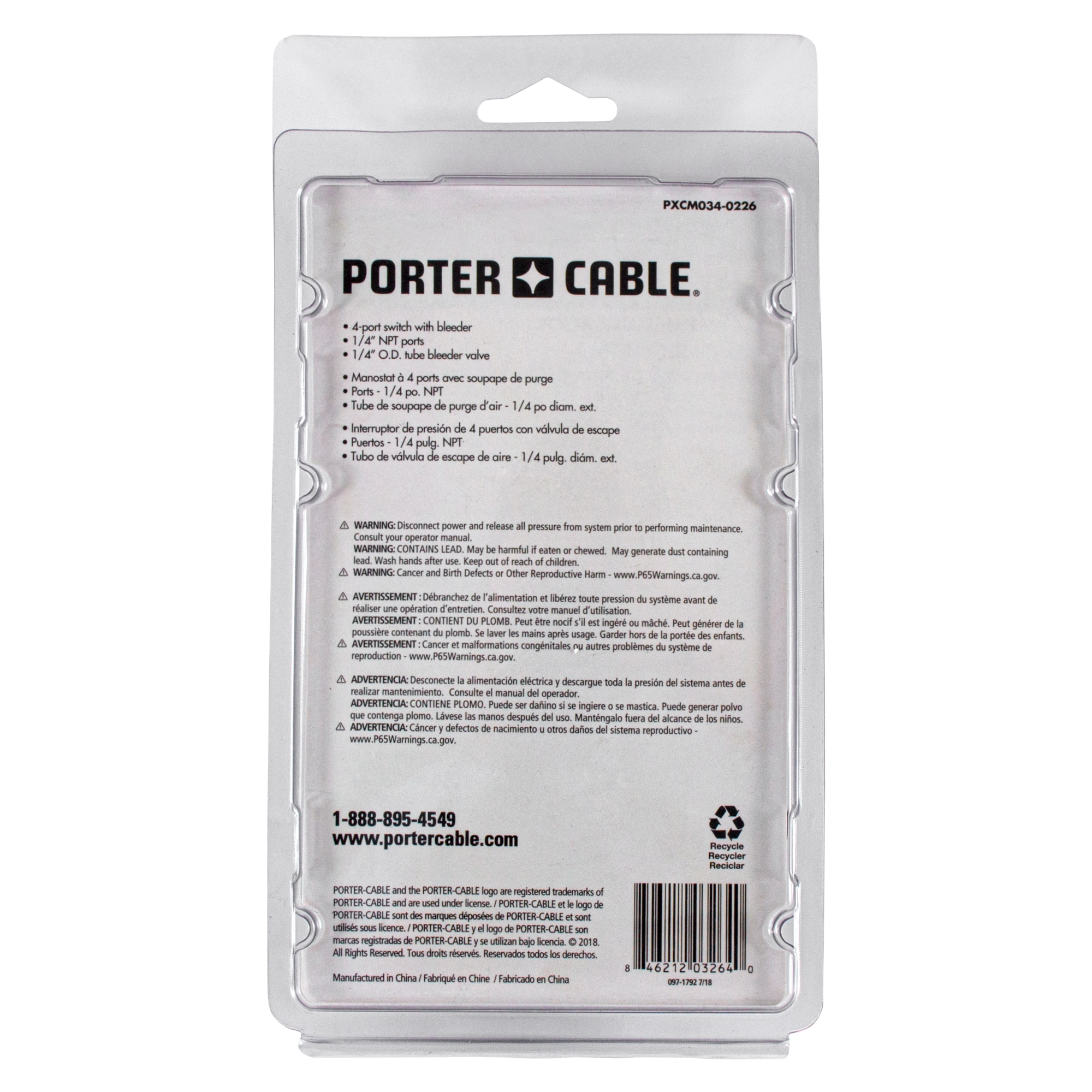 Interruptor de presión para compresor de aire PORTER-CABLE 105-135 Psi PXCM034-0226