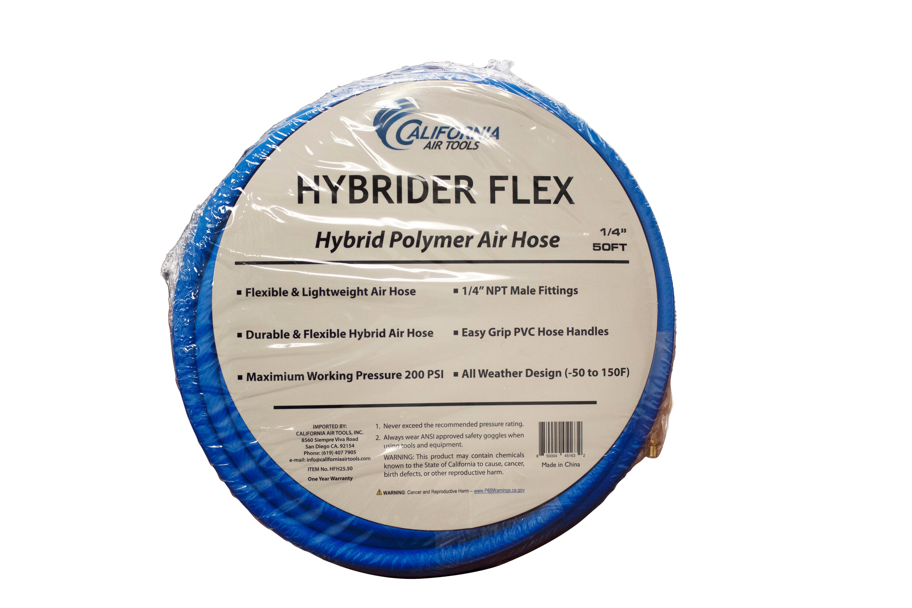 Manguera de aire híbrida California Air Tools Hybrider Flex de 1/4 pulgadas y 50 pies con conexiones rápidas HFH25.50