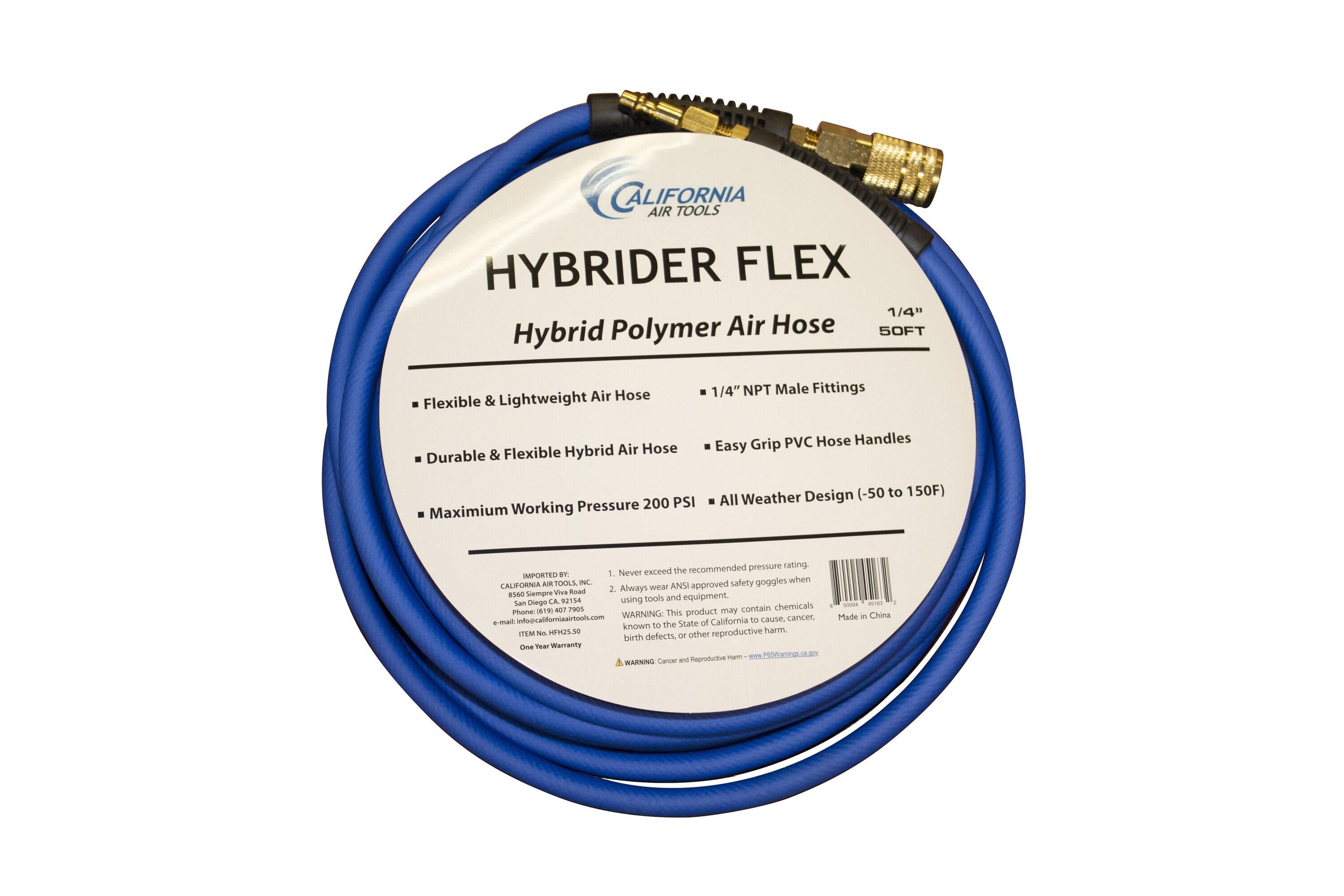 Manguera de aire híbrida California Air Tools Hybrider Flex de 1/4 pulgadas y 50 pies con conexiones rápidas HFH25.50