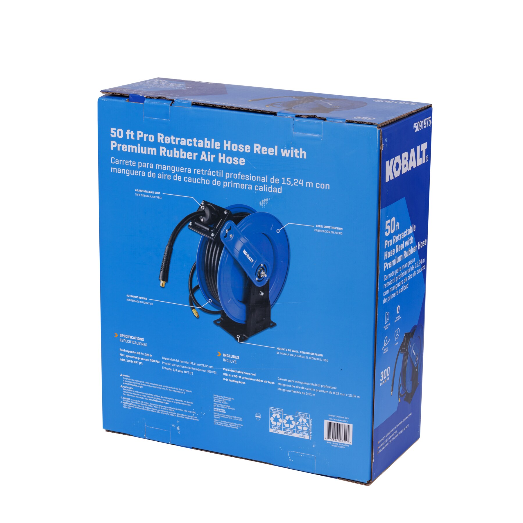 Carrete retráctil Kobalt Pro con manguera de goma de 3/8 de pulgada por 50 pies SGY-AIR266.