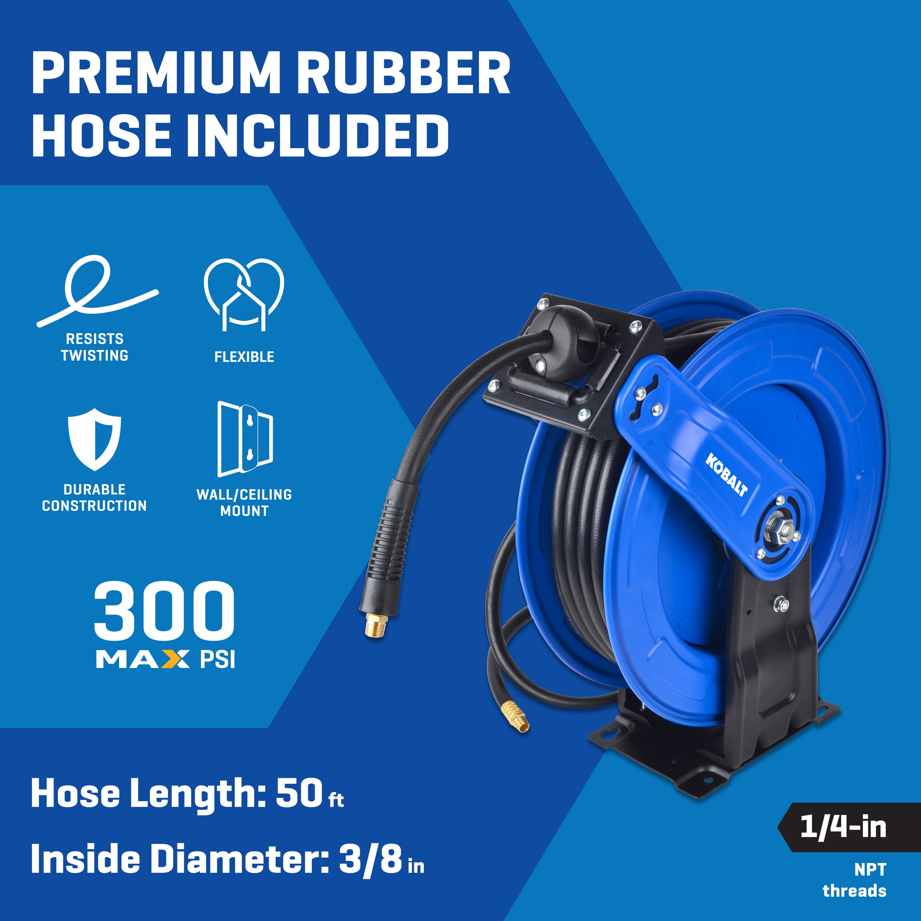 Carrete retráctil Kobalt Pro con manguera de goma de 3/8 de pulgada por 50 pies SGY-AIR266.