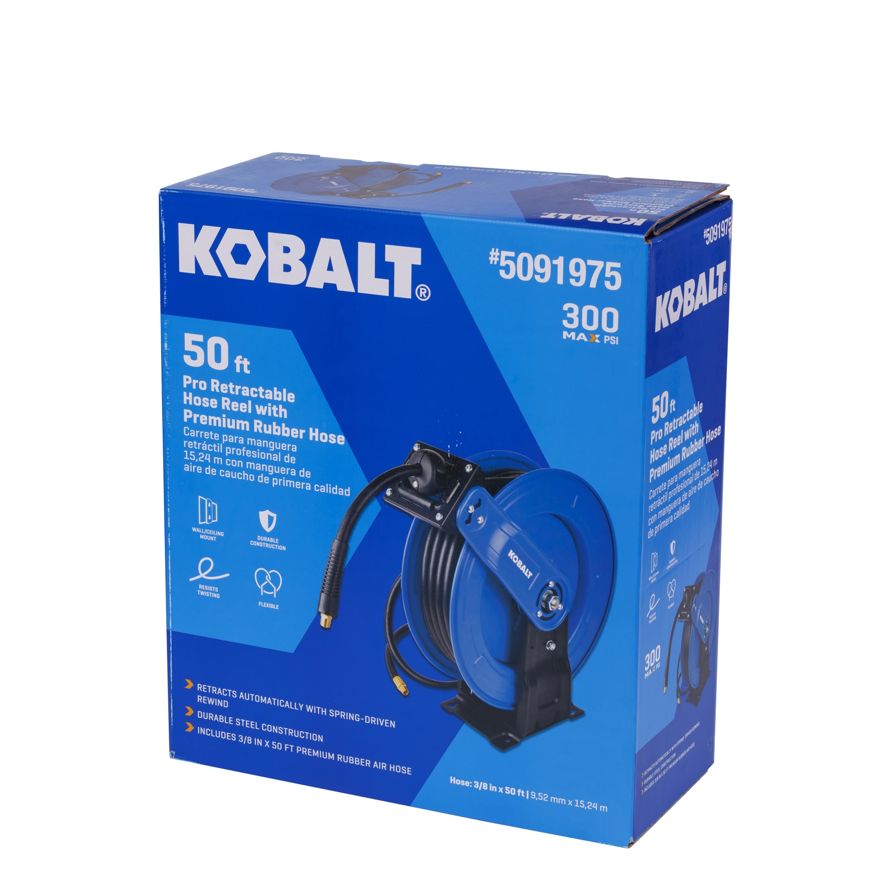 Carrete retráctil Kobalt Pro con manguera de goma de 3/8 de pulgada por 50 pies SGY-AIR266.