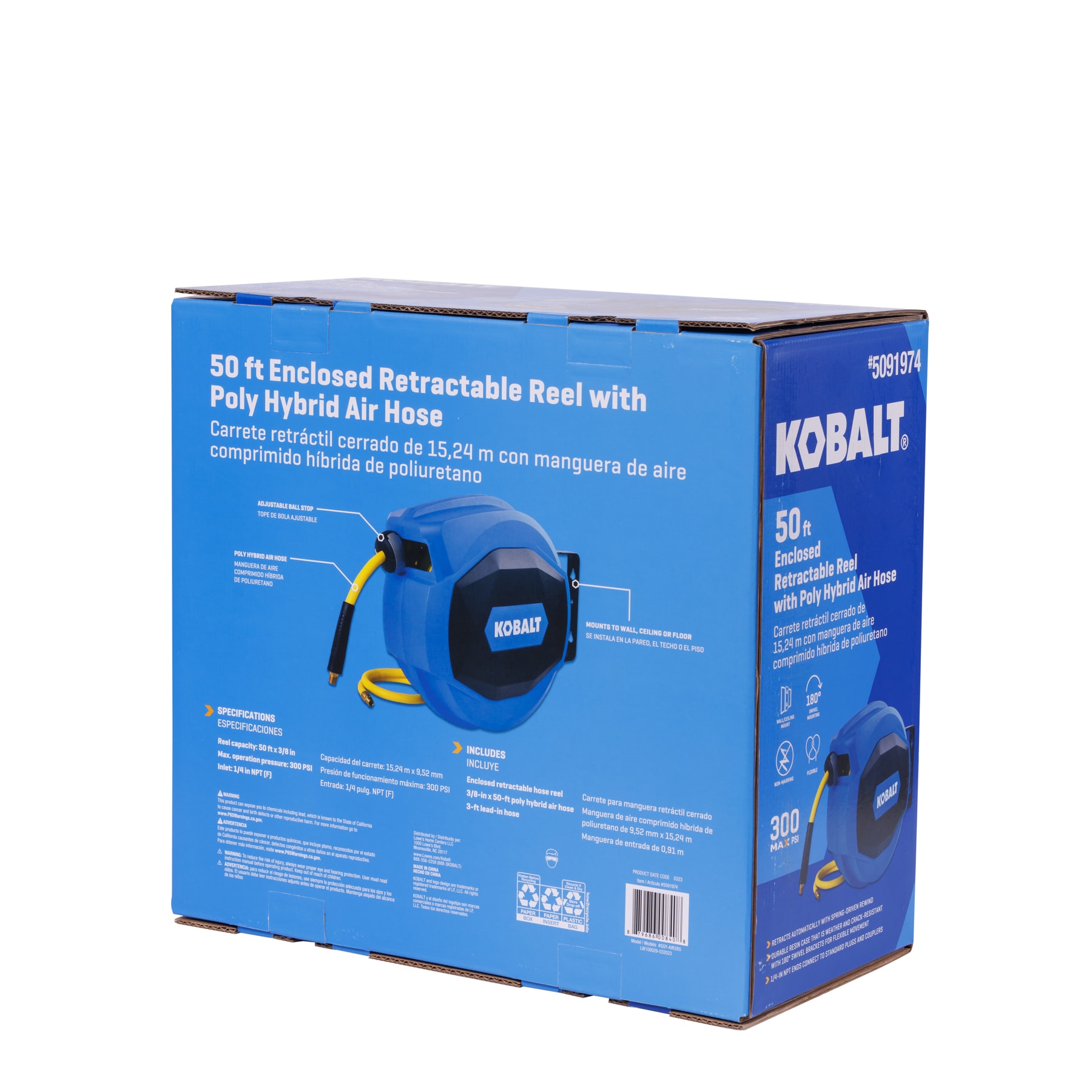 Carrete retráctil cerrado con manguera híbrida de polietileno de 3/8 pulgadas x 50 pies Kobalt SGY-AIR265