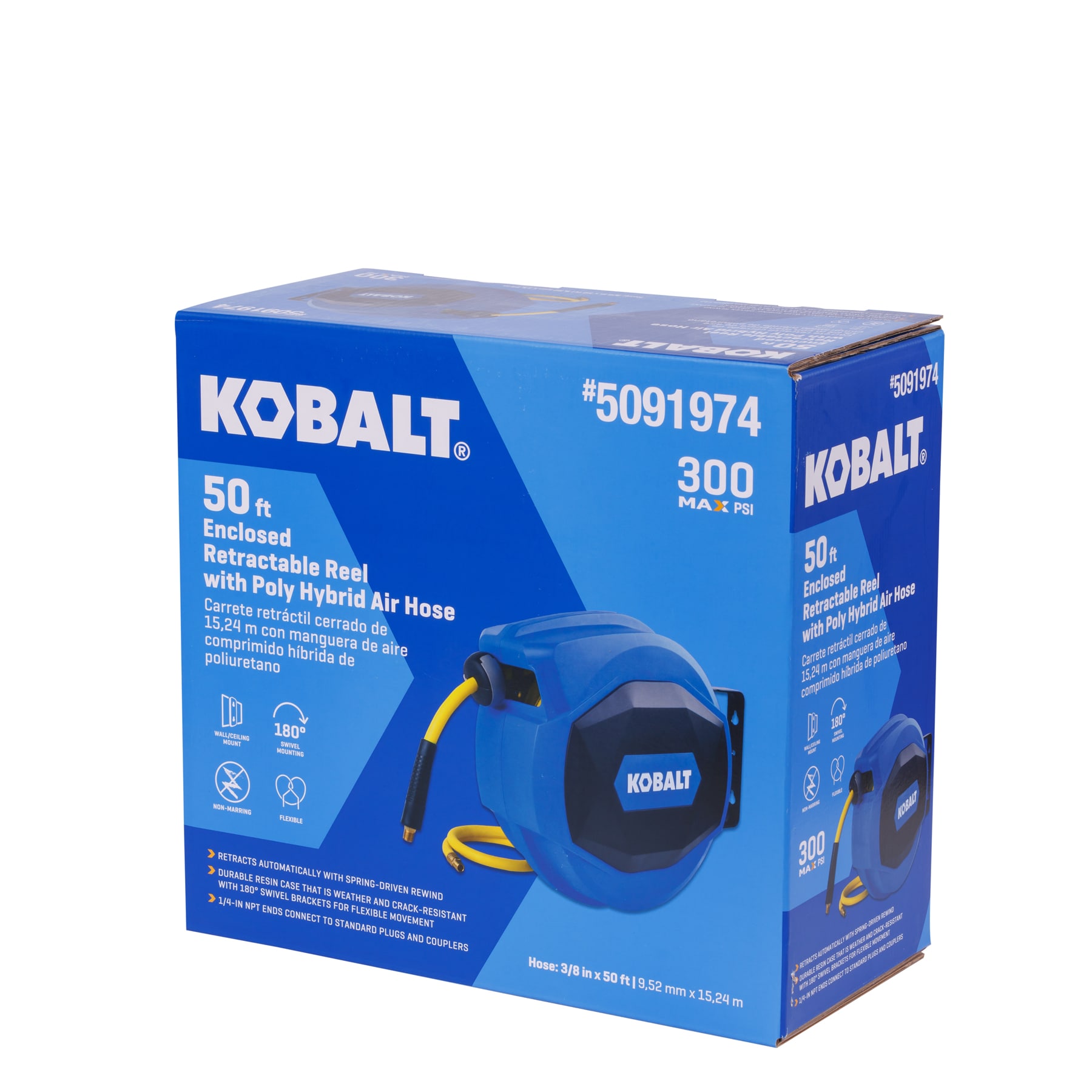 Carrete retráctil cerrado con manguera híbrida de polietileno de 3/8 pulgadas x 50 pies Kobalt SGY-AIR265