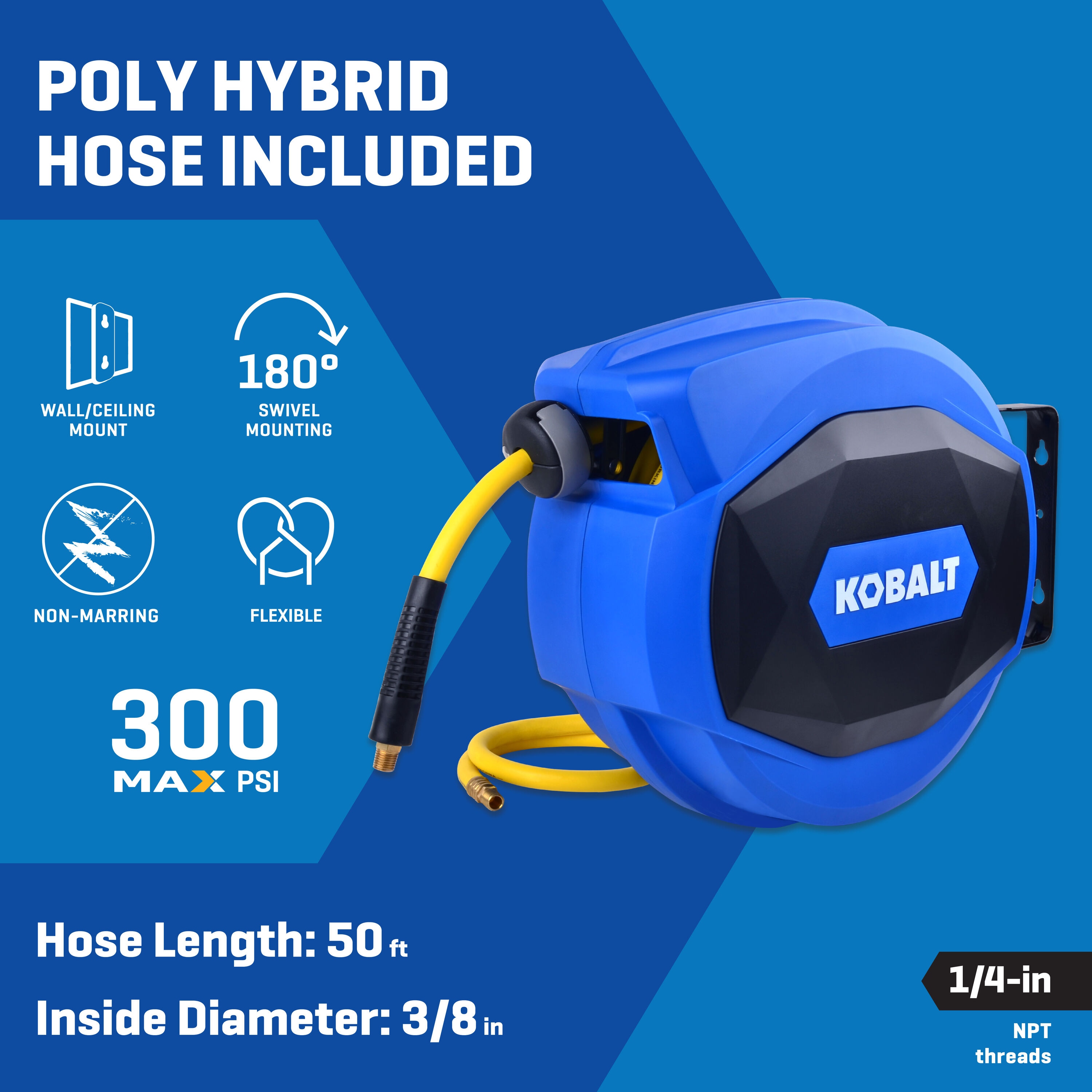 Carrete retráctil cerrado con manguera híbrida de polietileno de 3/8 pulgadas x 50 pies Kobalt SGY-AIR265