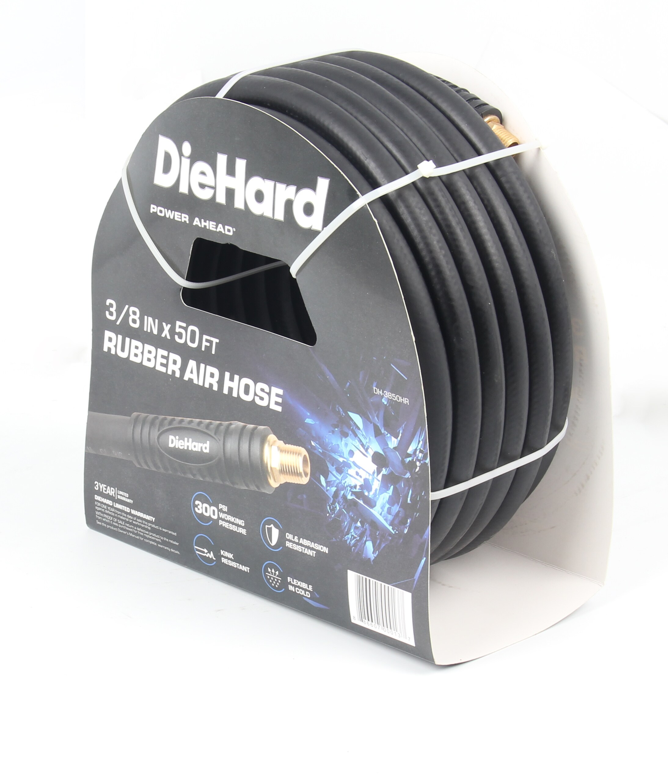 Manguera de aire de hule DieHard Contractor Grade de 50 pies - Diámetro de 3/8 pulgadas, 1070 PSI, libre de dobleces, resistente a la temperatura, cumple con ANSI DH-3850HR