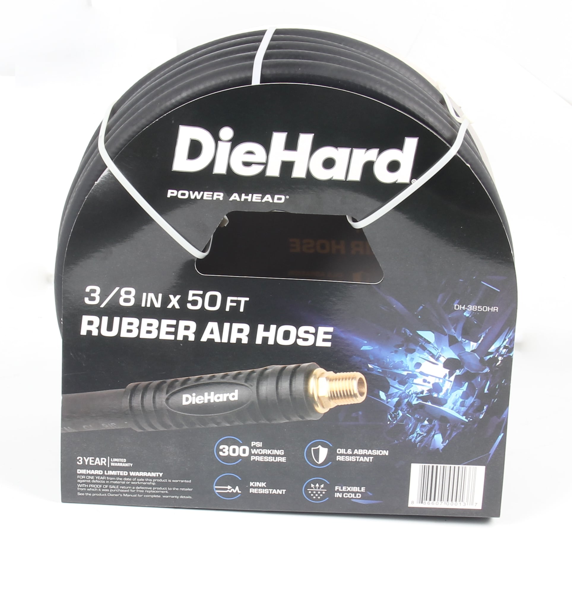 Manguera de aire de hule DieHard Contractor Grade de 50 pies - Diámetro de 3/8 pulgadas, 1070 PSI, libre de dobleces, resistente a la temperatura, cumple con ANSI DH-3850HR