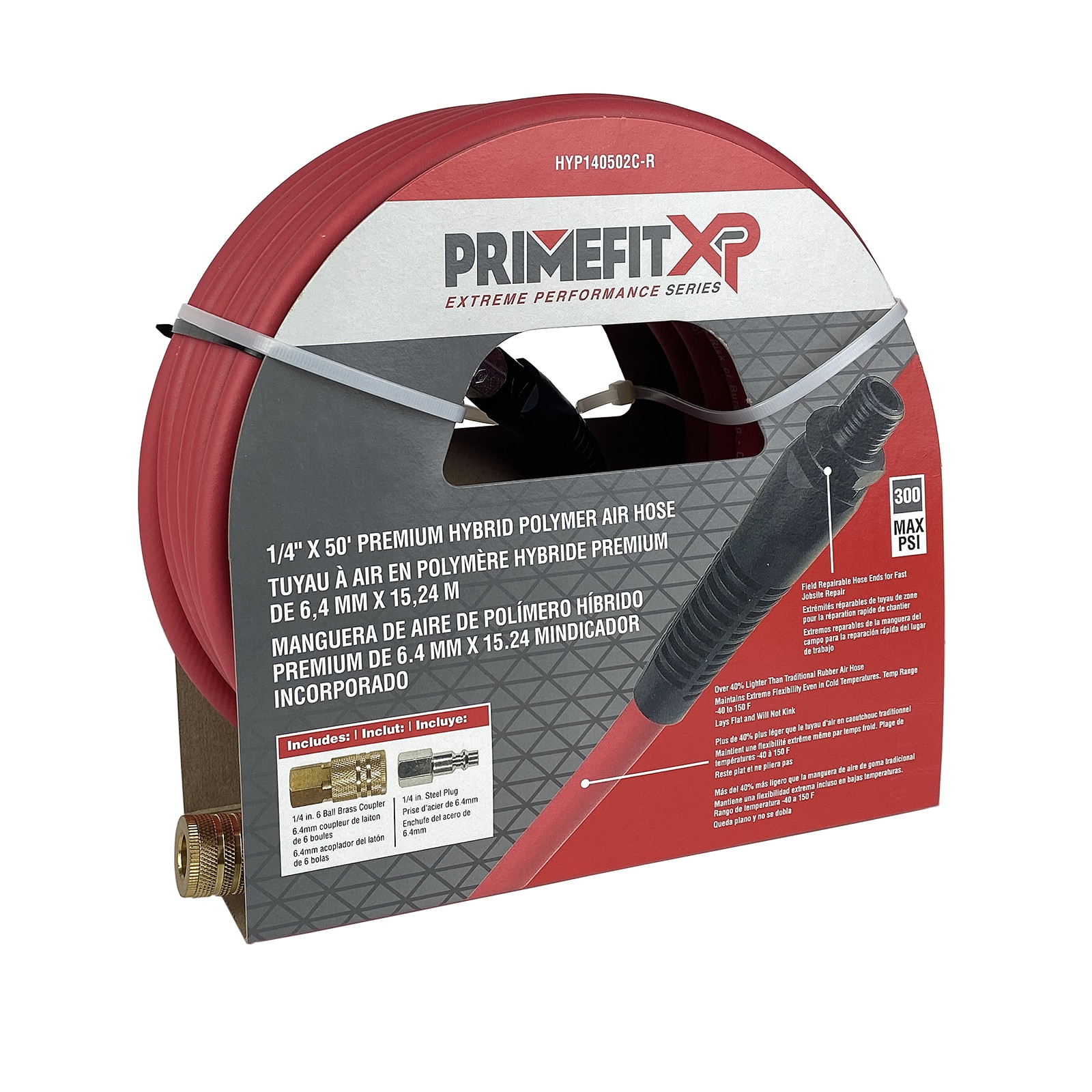 Manguera de aire híbrida Primefit de alto rendimiento de 1/4" x 100 pies con acoplador y tapón HYP141002C-R