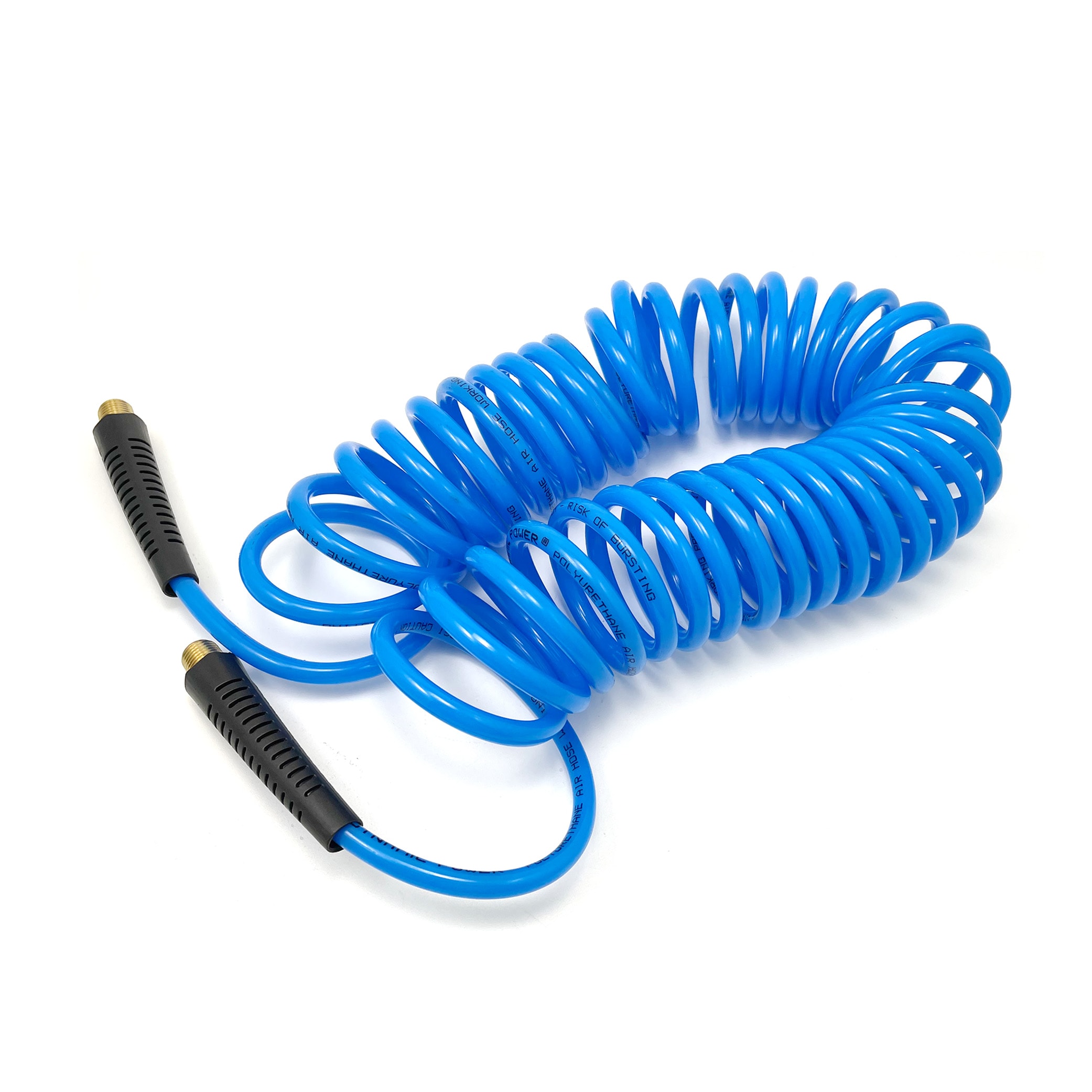 Manguera de aire enrollable de poliuretano de 25 pies con extremos giratorios MNPT de 1/4 pulgadas y accesorios con limitador de curvatura (120 PSI) D-PU14-25