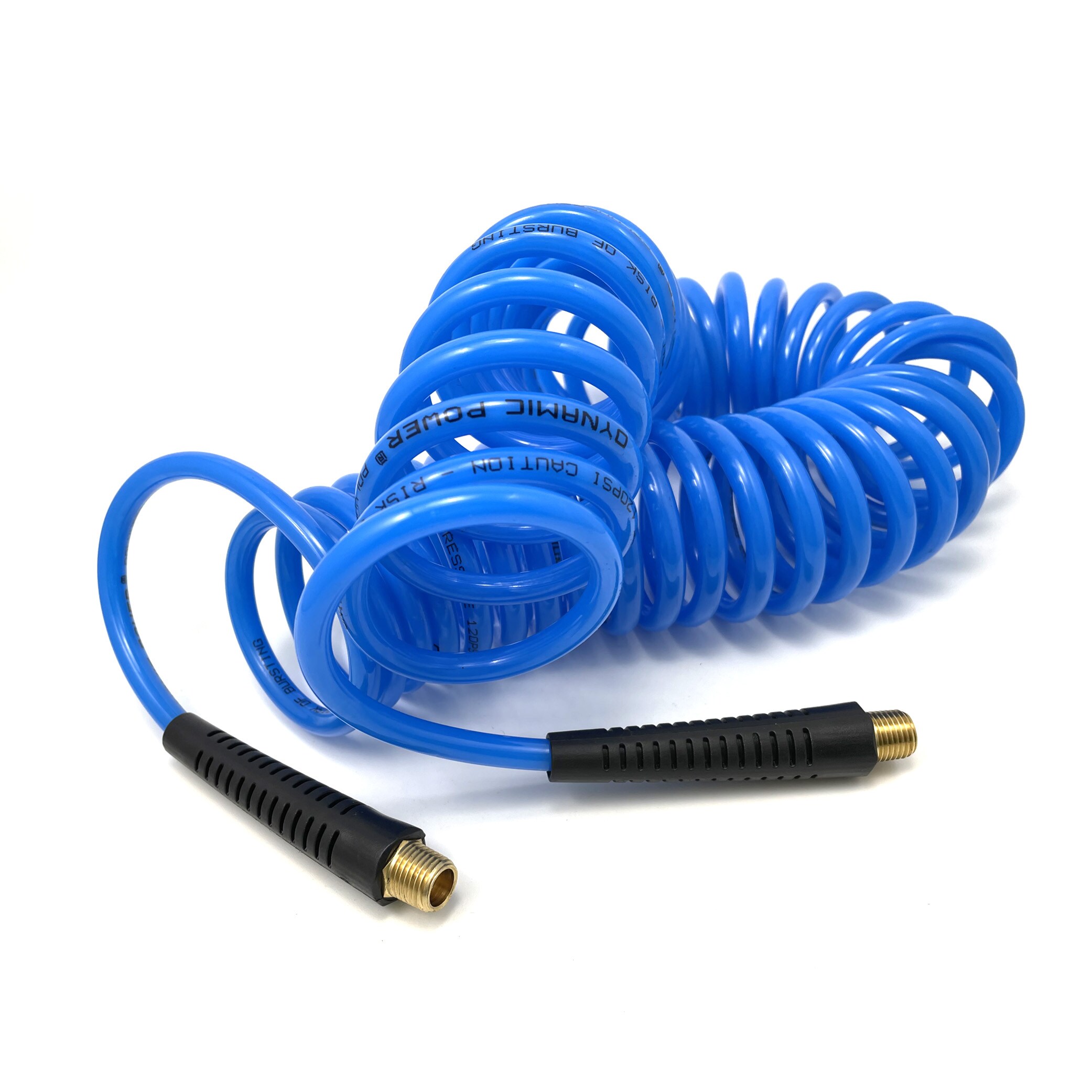 Manguera de aire enrollable de poliuretano de 25 pies con extremos giratorios MNPT de 1/4 pulgadas y accesorios con limitador de curvatura (120 PSI) D-PU14-25