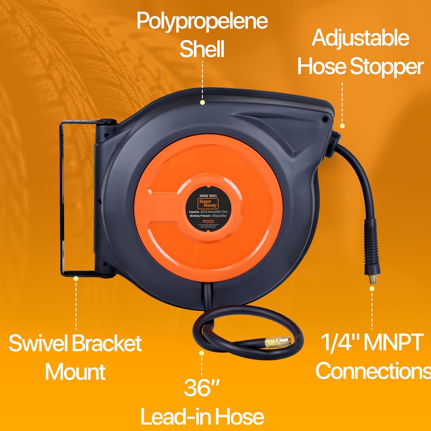 Carrete de manguera de aire retráctil montable SuperHandy - 3/8 pulgadas x 50 pies, manguera de entrada de 3 pies, conexiones de 1/4 pulgadas MNPT GUR020