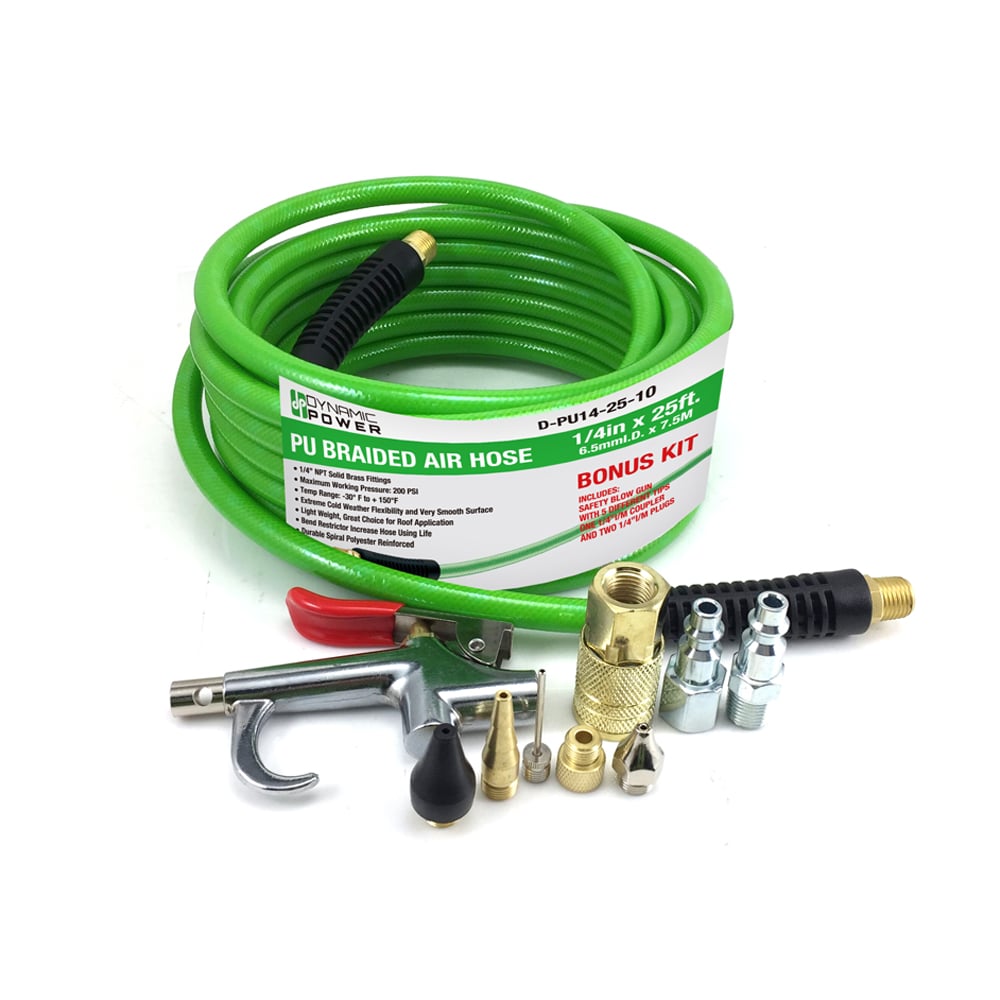 Carrete de manguera de compresor de aire de poliuretano verde de 25 pies con potencia dinámica - Conexiones de latón de 3/8 pulgadas, 300 PSI, sin dobleces, kit de bonificación incluido DP-PU14-25-10