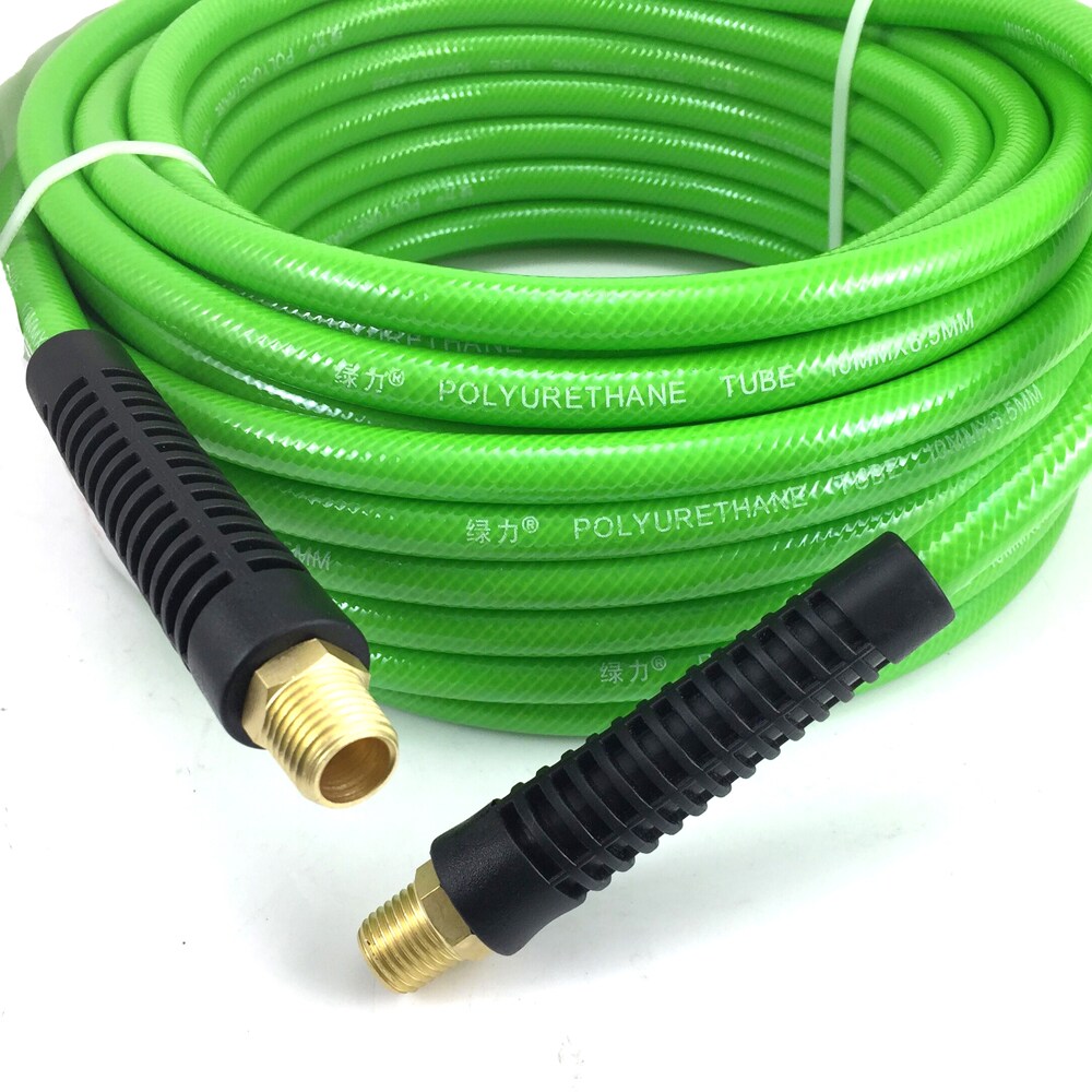 Carrete de manguera de compresor de aire de poliuretano verde de 25 pies con potencia dinámica - Conexiones de latón de 3/8 pulgadas, 300 PSI, sin dobleces, kit de bonificación incluido DP-PU14-25-10