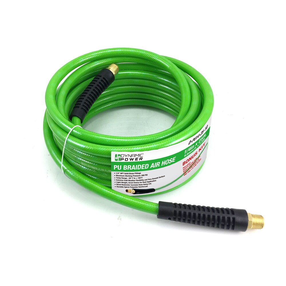 Carrete de manguera de compresor de aire de poliuretano verde de 25 pies con potencia dinámica - Conexiones de latón de 3/8 pulgadas, 300 PSI, sin dobleces, kit de bonificación incluido DP-PU14-25-10