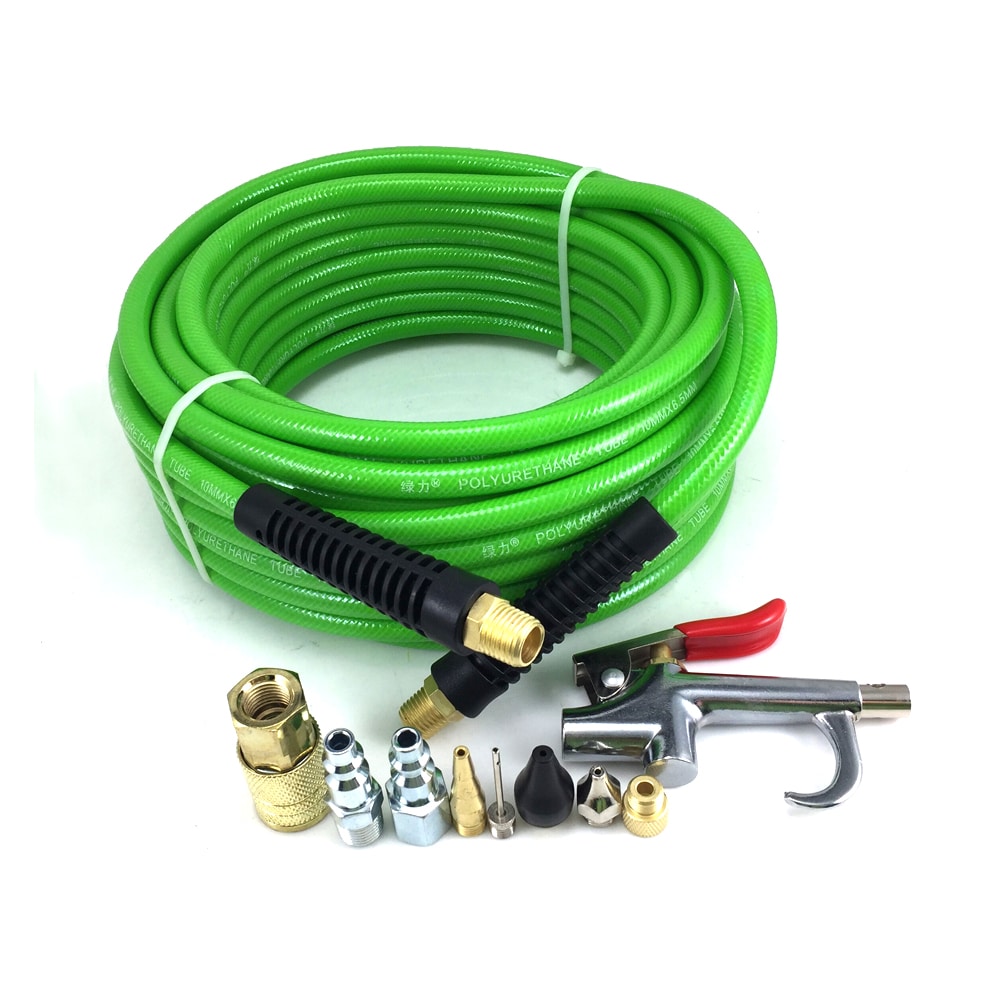 Manguera de aire comprimido de PVC verde de 50 pies con carrete - Conexiones de 1/4 de pulgada NPT, sin enredos, 300 PSI DP-PU14-50-10