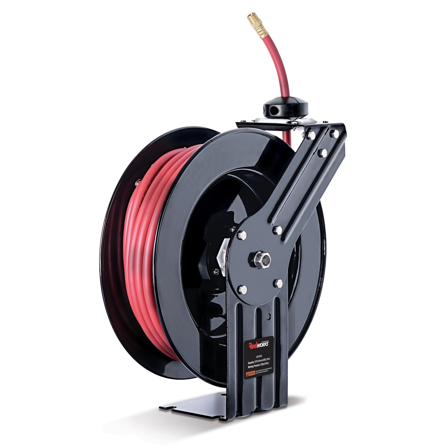 Carrete retráctil de manguera de aire industrial Reelworks - 3/8 pulgadas x 50 pies, conexiones de 1/4 pulgadas MNPT, brazo único L815153A
