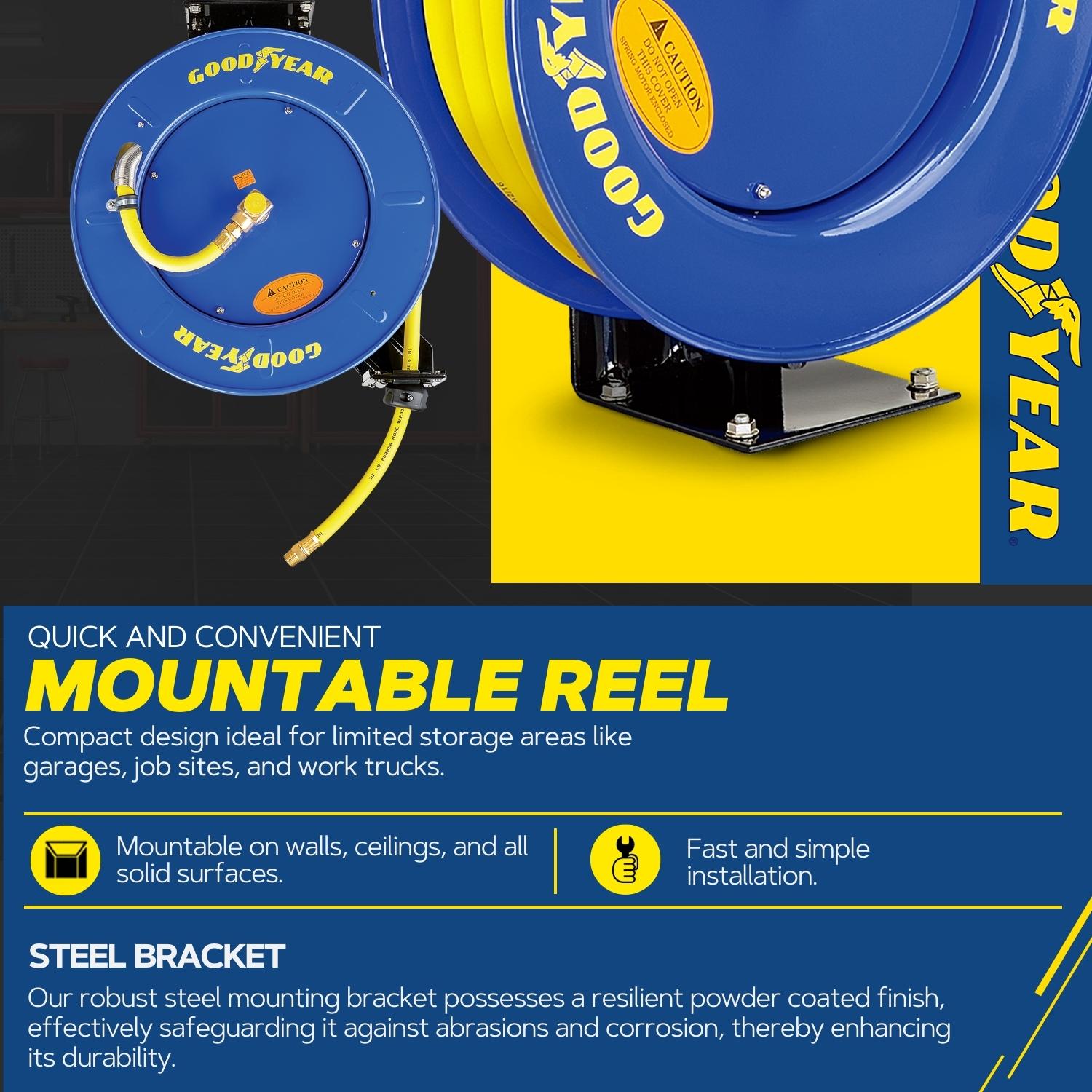 Carrete de manguera de aire retráctil industrial de Goodyear - 1/2 pulgadas x 65 pies, 300 Psi máx, conexiones de 3/8 pulgadas Npt, brazo único L808204G
