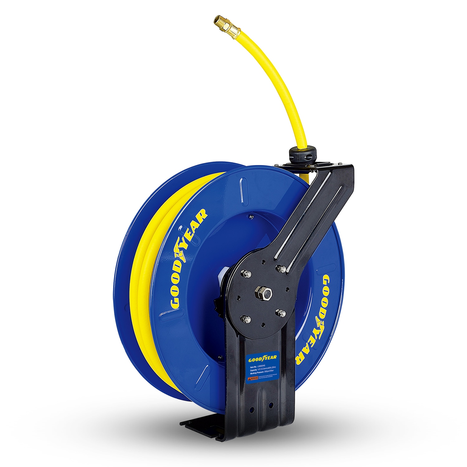 Carrete de manguera de aire retráctil industrial de Goodyear - 1/2 pulgadas x 65 pies, 300 Psi máx, conexiones de 3/8 pulgadas Npt, brazo único L808204G