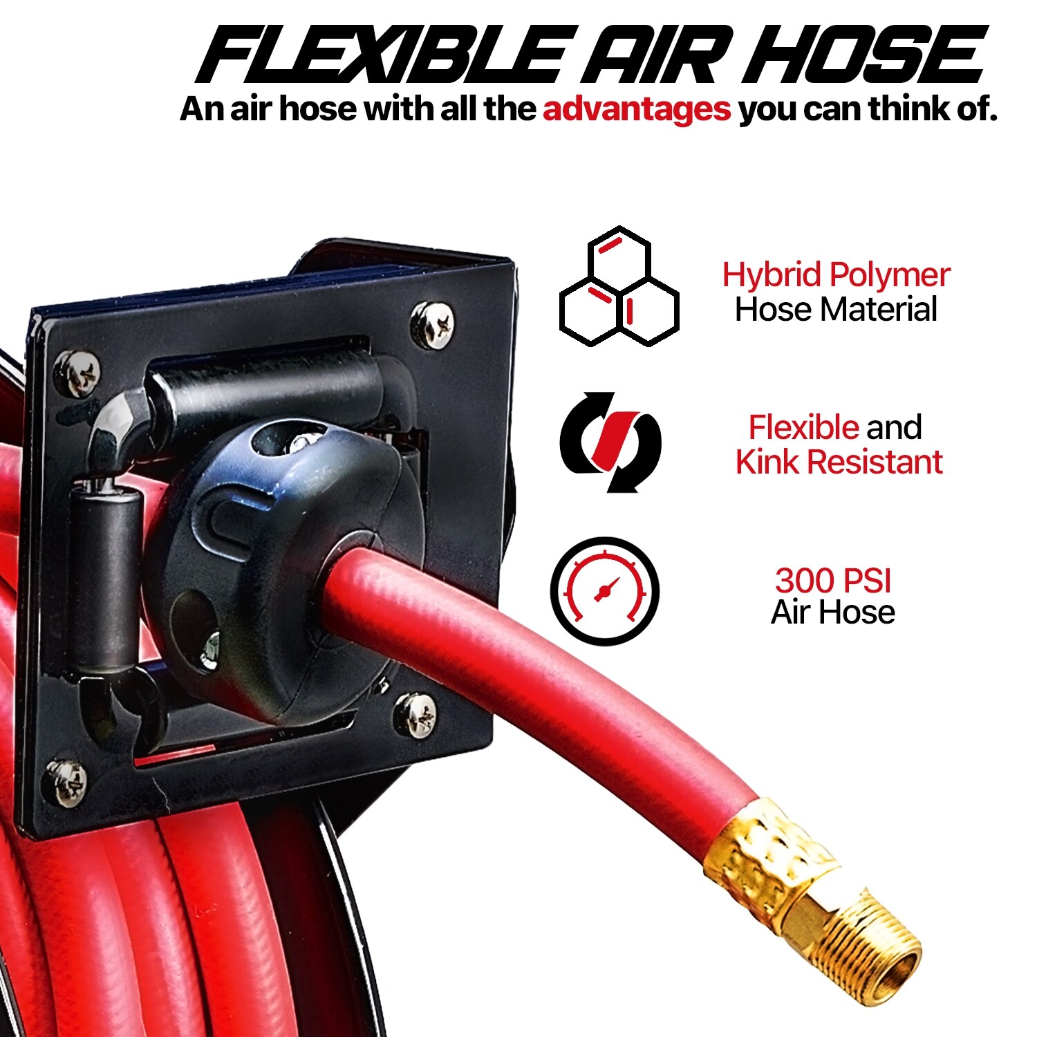 Carrete retráctil para manguera de aire industrial de Reelworks - 3/8 pulg. x 50 pies, conexiones de 1/4 pulg. MNPT, Brazo Único L815153HA