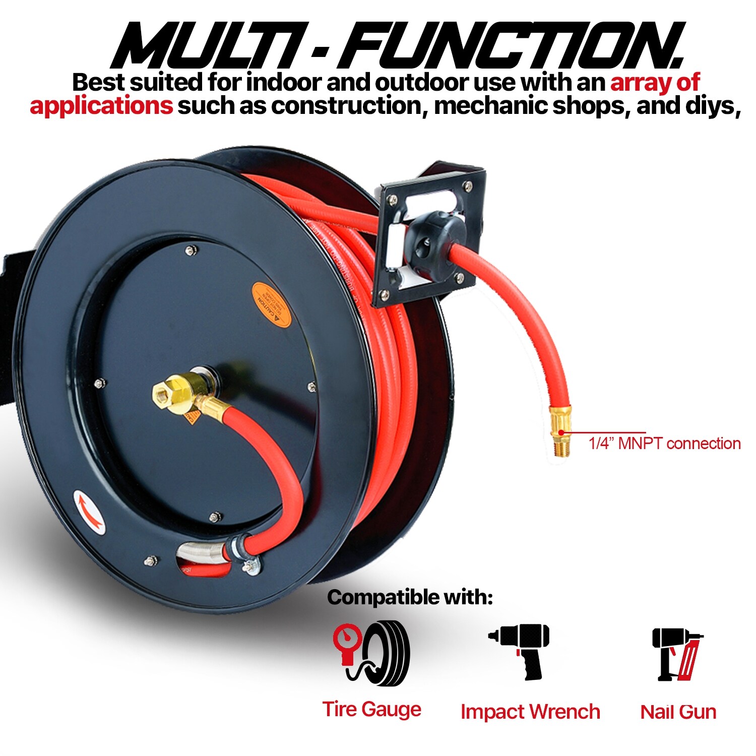 Carrete retráctil para manguera de aire industrial de Reelworks - 3/8 pulg. x 50 pies, conexiones de 1/4 pulg. MNPT, Brazo Único L815153HA