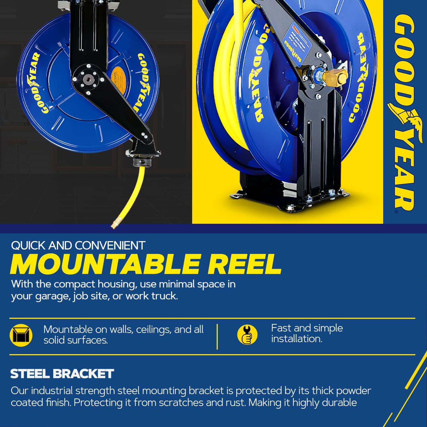 Carrete de manguera de aire profesional Goodyear montado en brazo único, 1/2 pulgadas x 50 pies, 300 psi, conexiones de 1/4 pulgadas NPT L820154G