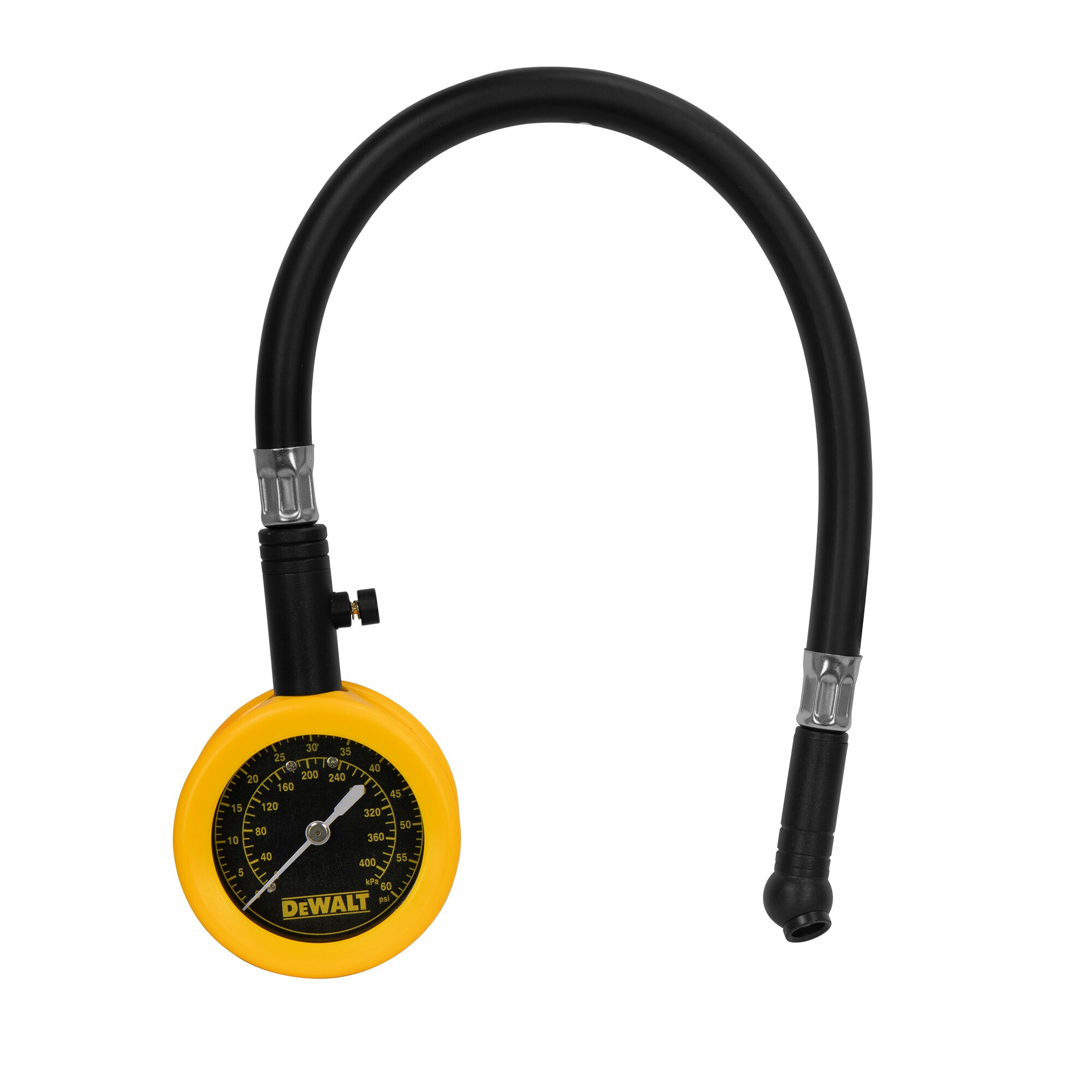 Medidor de presión analógico DEWALT con válvula purgadora, manguera de 12 pulgadas y boquilla giratoria (0-60 psi) DXCM032-0149