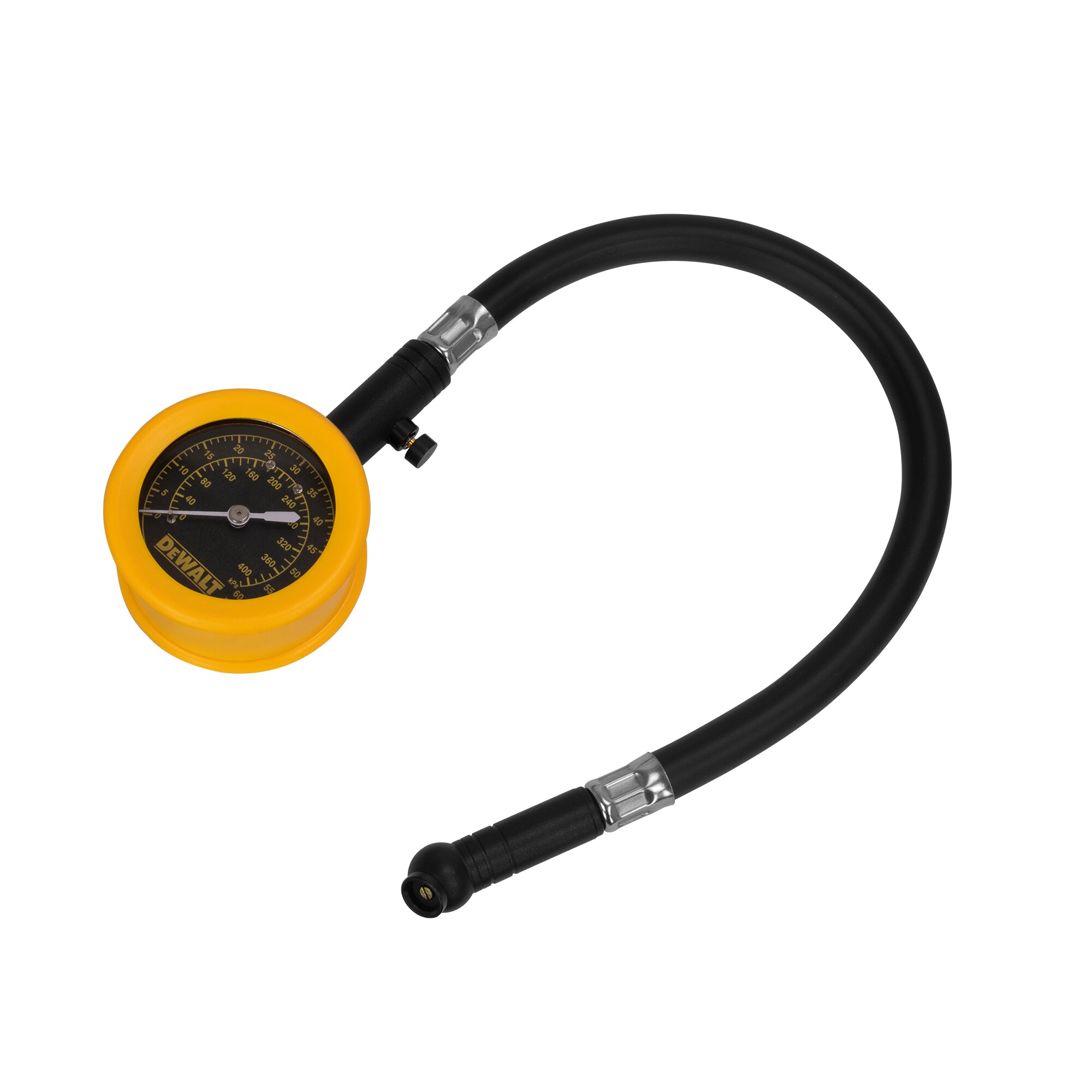 Medidor de presión analógico DEWALT con válvula purgadora, manguera de 12 pulgadas y boquilla giratoria (0-60 psi) DXCM032-0149