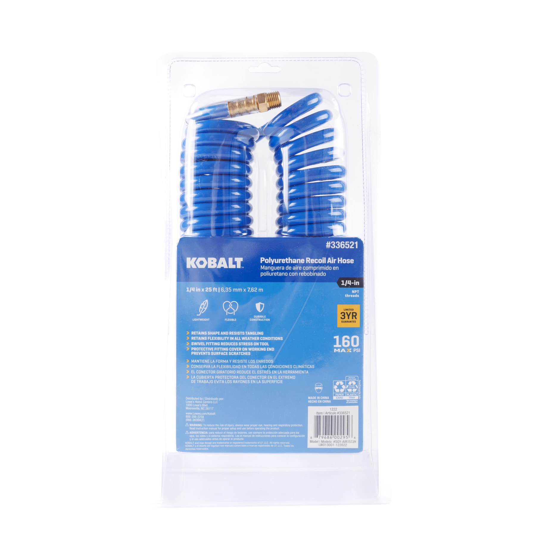 Manguera de aire retráctil de poliuretano Kobalt de 1/4 pulgadas por 25 pies