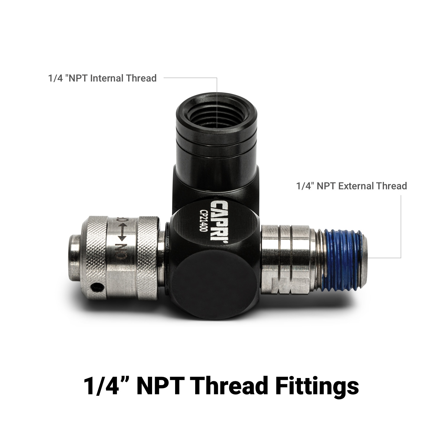 Conector de manguera de aire giratorio Capri Tools 1/4 pulgadas (M) NPT x 1/4 pulgadas (F) NPT con regulador de aire incorporado CP21400