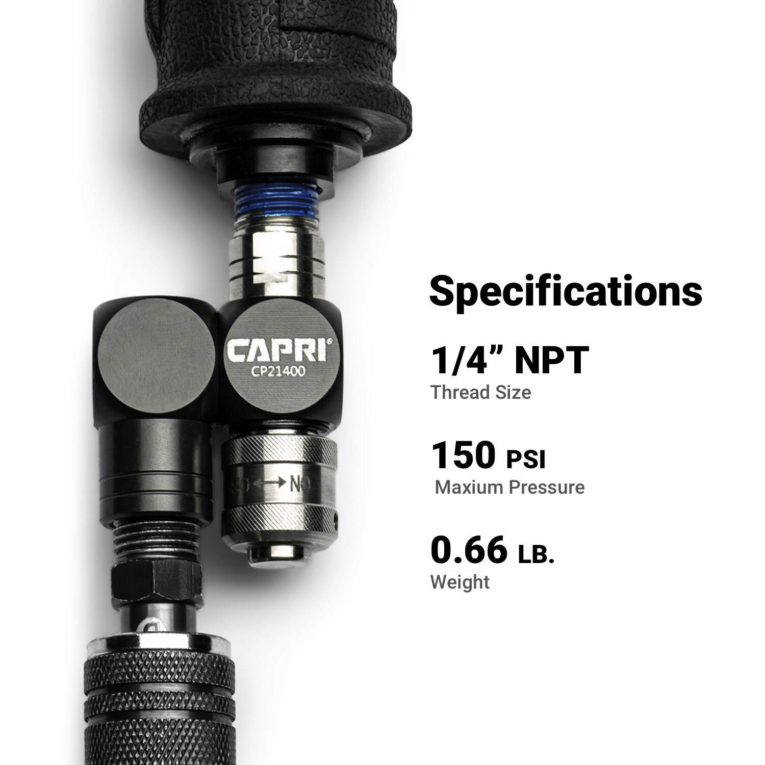 Conector de manguera de aire giratorio Capri Tools 1/4 pulgadas (M) NPT x 1/4 pulgadas (F) NPT con regulador de aire incorporado CP21400