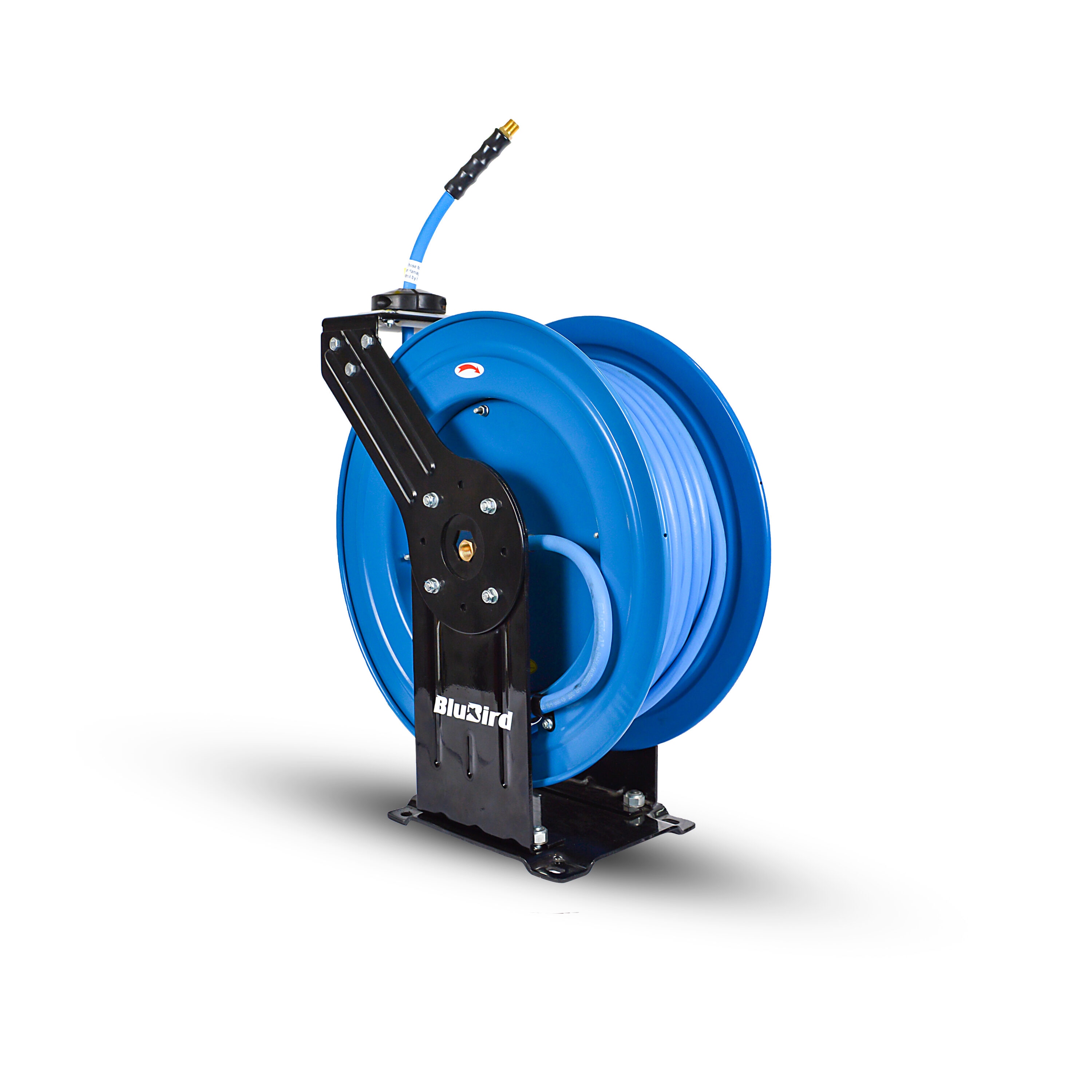 Carrete de manguera de aire retráctil resistente BluBird con manguera de aire de goma premium de 3/8 pulgadas x 100 pies, manguera de entrada de 3 pies, brazo doble BBRDA38100