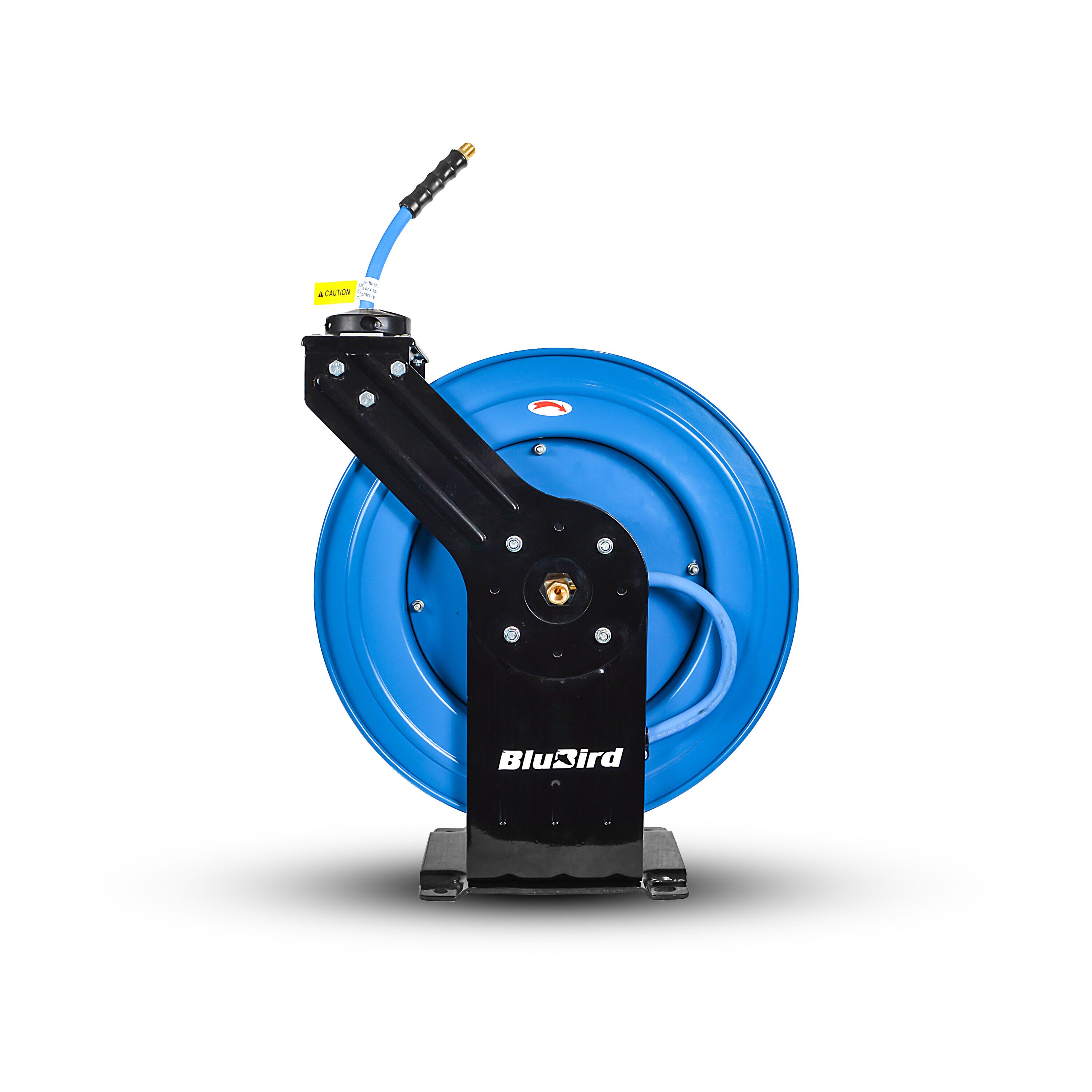 Carrete de manguera de aire retráctil resistente BluBird con manguera de aire de goma premium de 3/8 pulgadas x 100 pies, manguera de entrada de 3 pies, brazo doble BBRDA38100