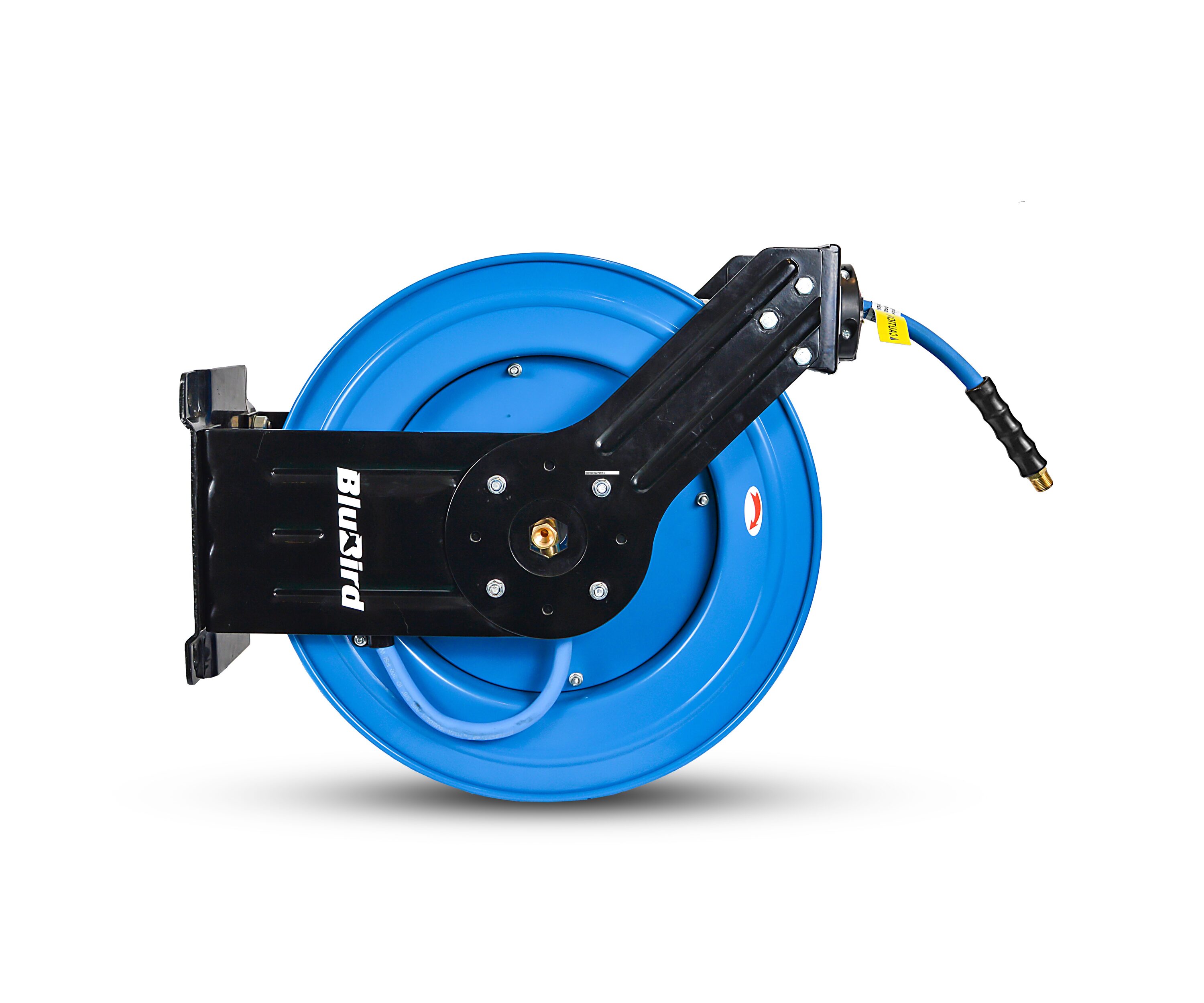 Carrete de manguera de aire retráctil resistente BluBird con manguera de aire de goma premium de 3/8 pulgadas x 100 pies, manguera de entrada de 3 pies, brazo doble BBRDA38100