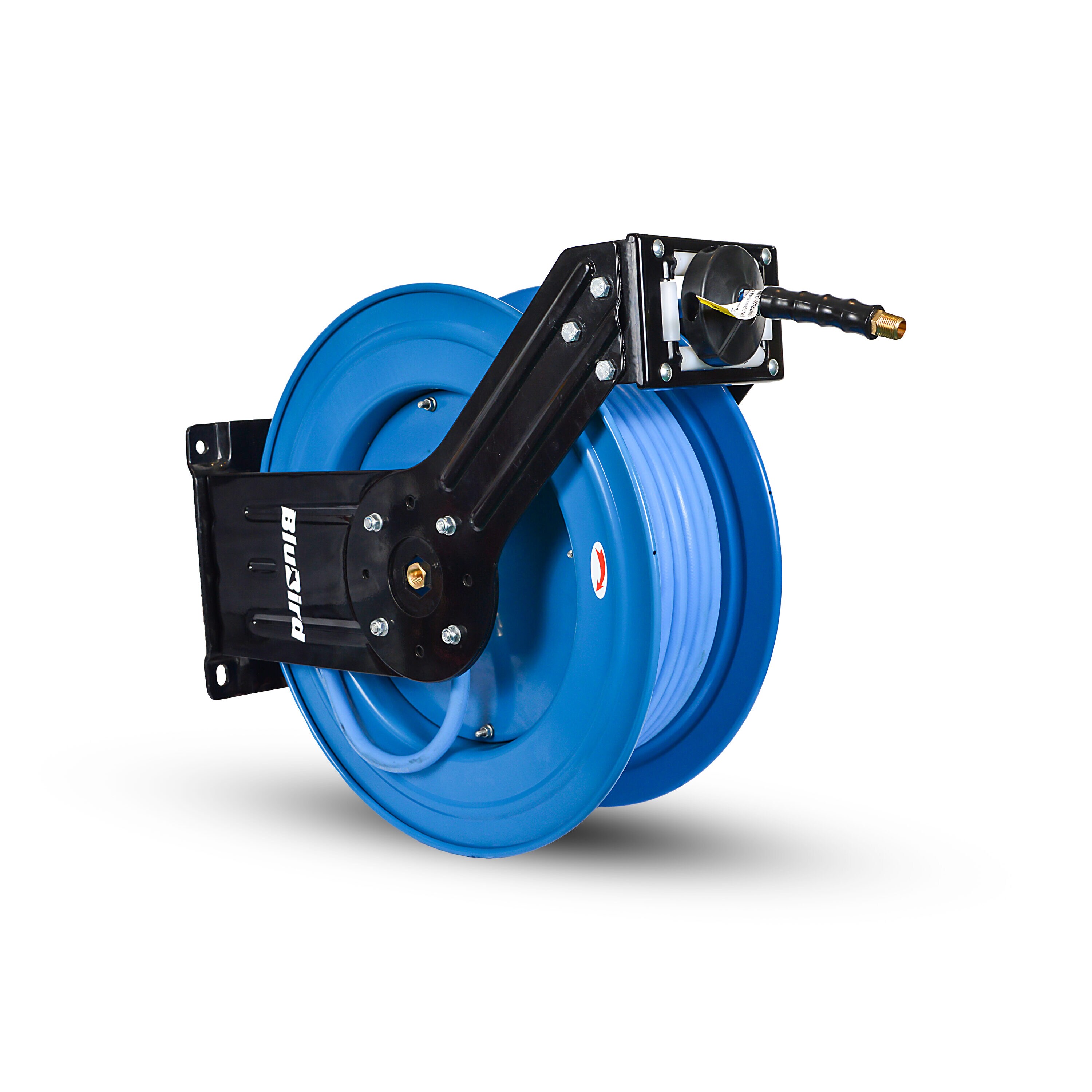 Carrete de manguera de aire retráctil resistente BluBird con manguera de aire de goma premium de 3/8 pulgadas x 100 pies, manguera de entrada de 3 pies, brazo doble BBRDA38100