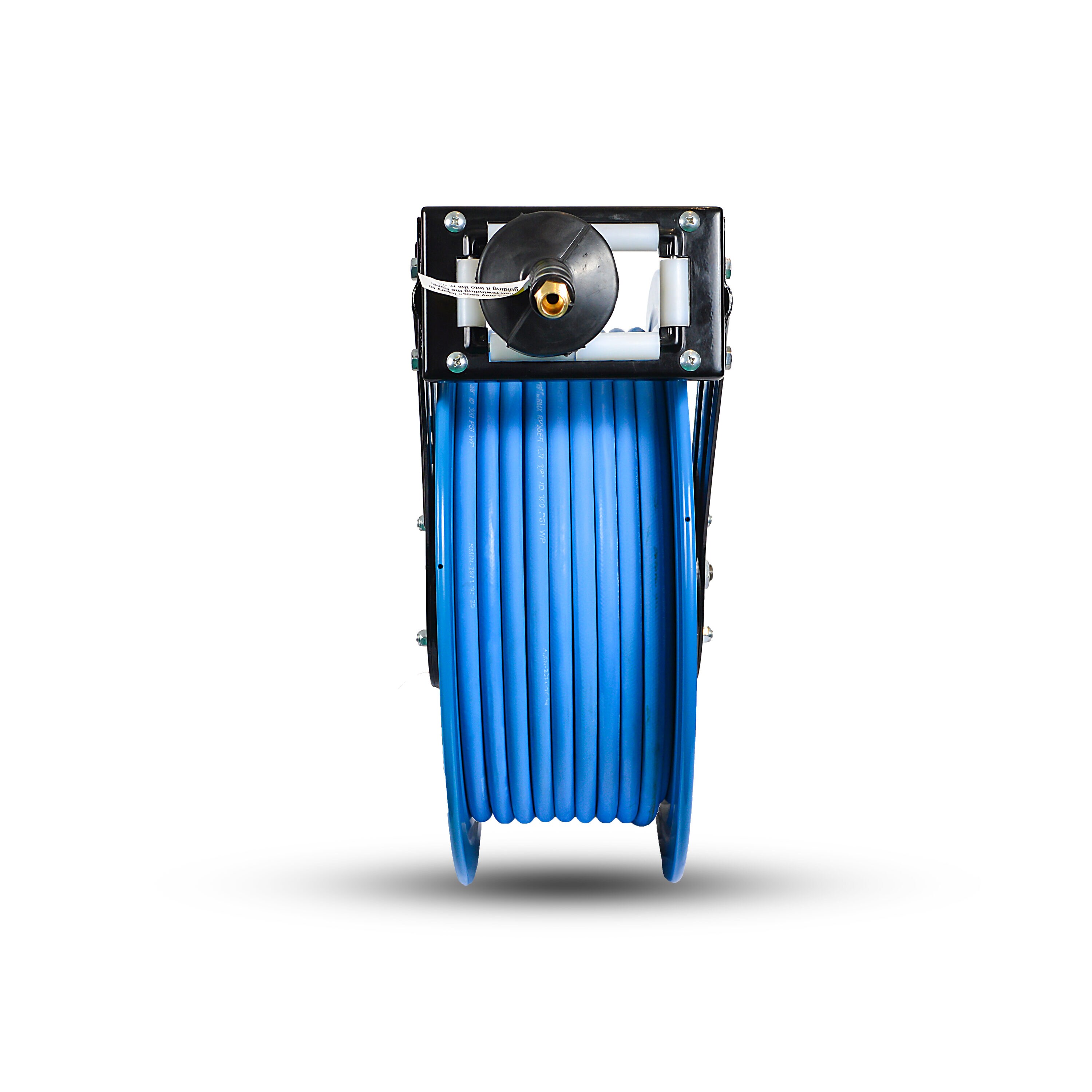 Carrete de manguera de aire retráctil resistente BluBird con manguera de aire de goma premium de 3/8 pulgadas x 100 pies, manguera de entrada de 3 pies, brazo doble BBRDA38100