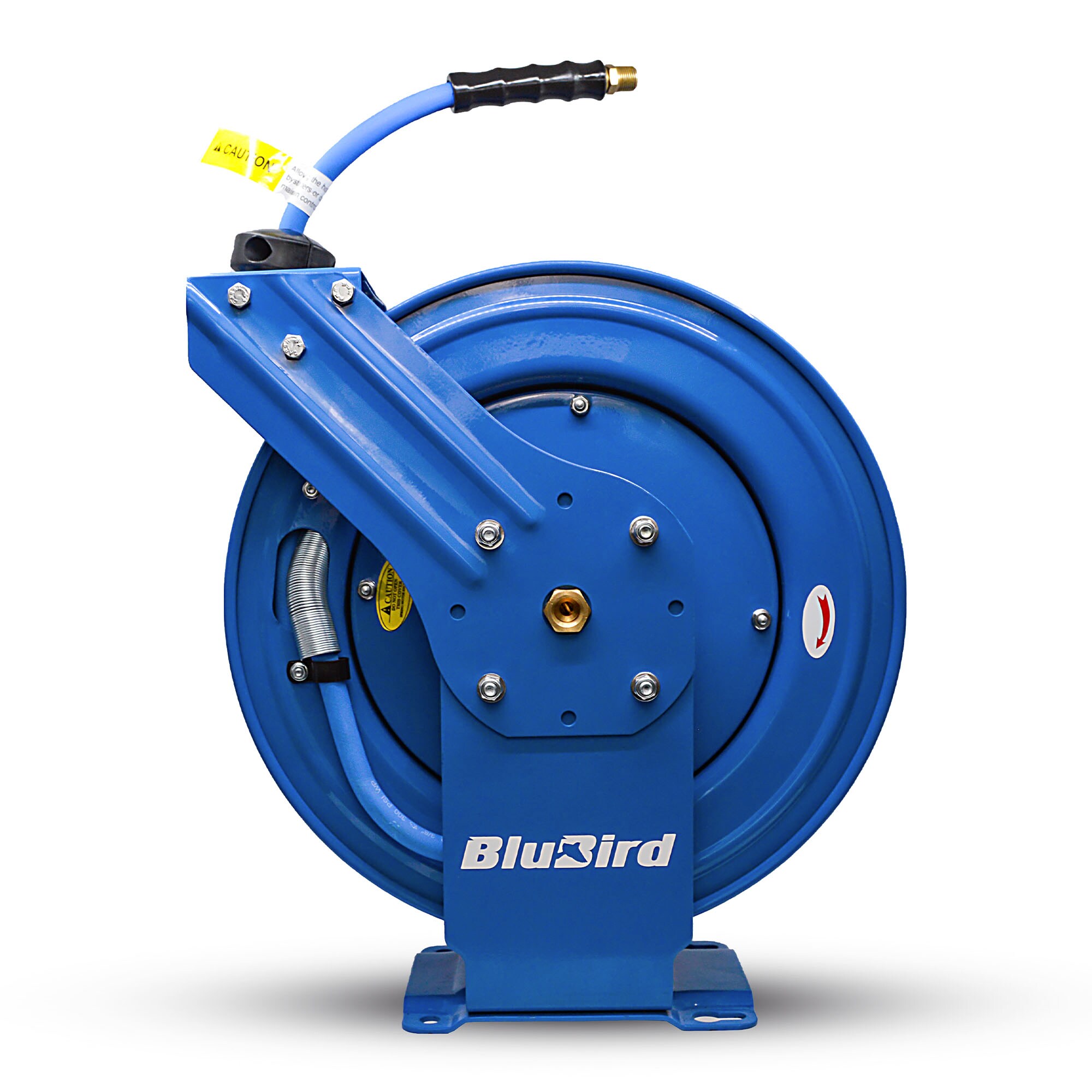 Carrete de manguera de aire retráctil resistente BluBird con manguera de aire de hule premium de 1/2 pulgadas por 50 pies, manguera de entrada de 3 pies, brazo doble BBRDA1250
