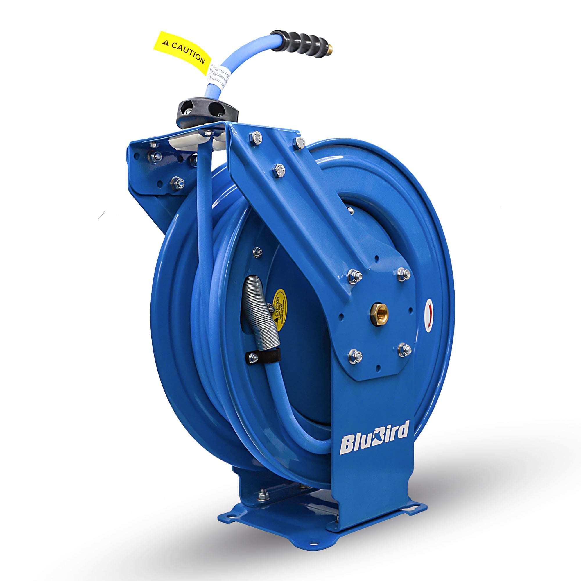 Carrete de manguera de aire retráctil resistente BluBird con manguera de aire de hule premium de 1/2 pulgadas por 50 pies, manguera de entrada de 3 pies, brazo doble BBRDA1250