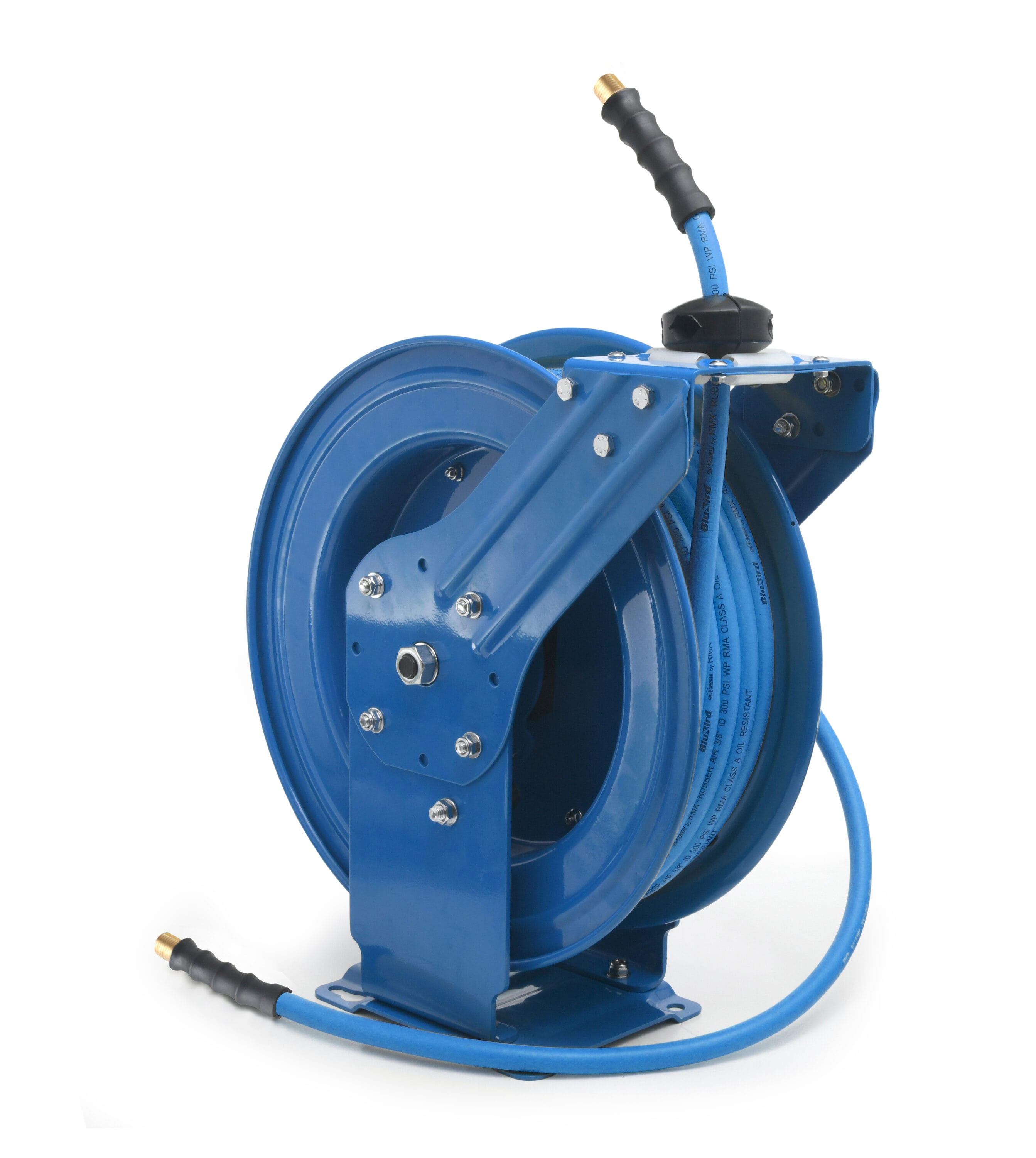 Carrete de manguera de aire retráctil resistente BluBird con manguera de aire de hule premium de 1/2 pulgadas por 50 pies, manguera de entrada de 3 pies, brazo doble BBRDA1250