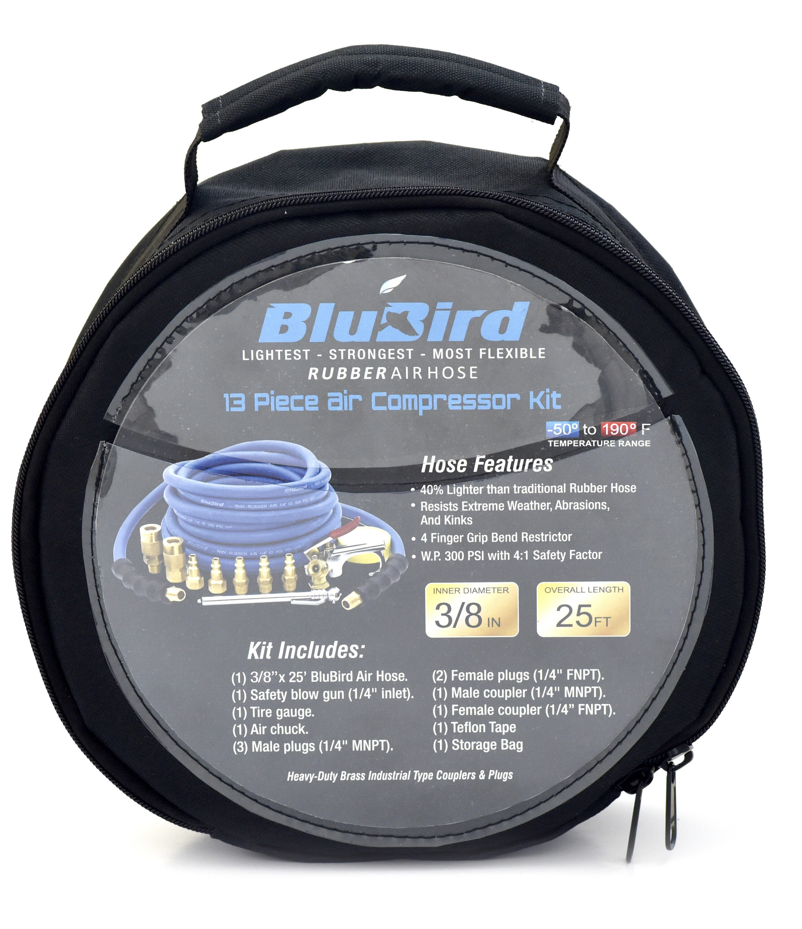 Manguera de aire de goma premium de BluBird de 3/8 pulgadas x 25 pies con kit de accesorios de latón de 10 piezas BB3825KIT-10.