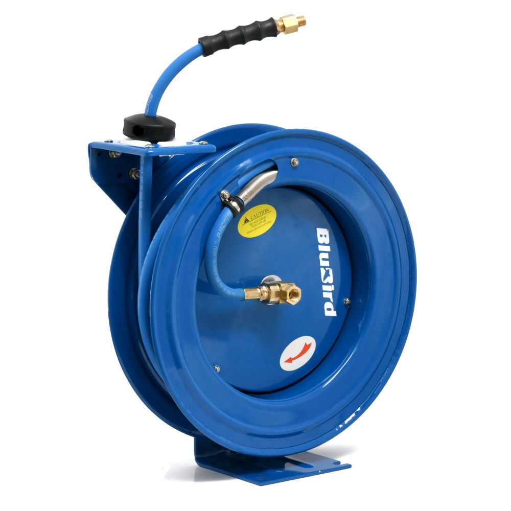 Carrete de manguera de aire retráctil resistente BluBird con manguera de aire premium de goma de 3/8 pulgadas x 25 pies, manguera de entrada de 3 pies, brazo único BBRHD3825