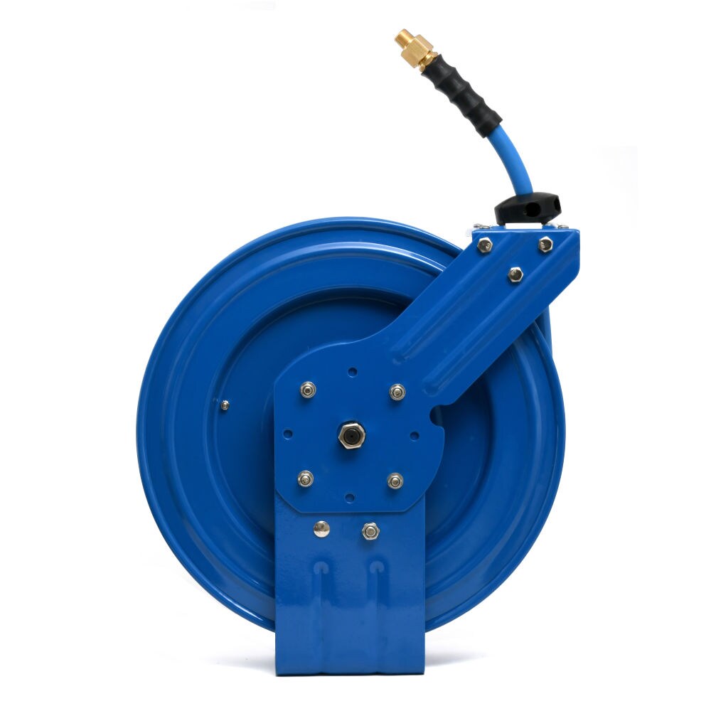 Carrete de manguera de aire retráctil resistente BluBird con manguera de aire premium de goma de 3/8 pulgadas x 25 pies, manguera de entrada de 3 pies, brazo único BBRHD3825