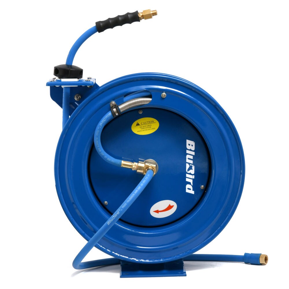 Carrete de manguera de aire retráctil resistente BluBird con manguera de aire premium de goma de 3/8 pulgadas x 25 pies, manguera de entrada de 3 pies, brazo único BBRHD3825