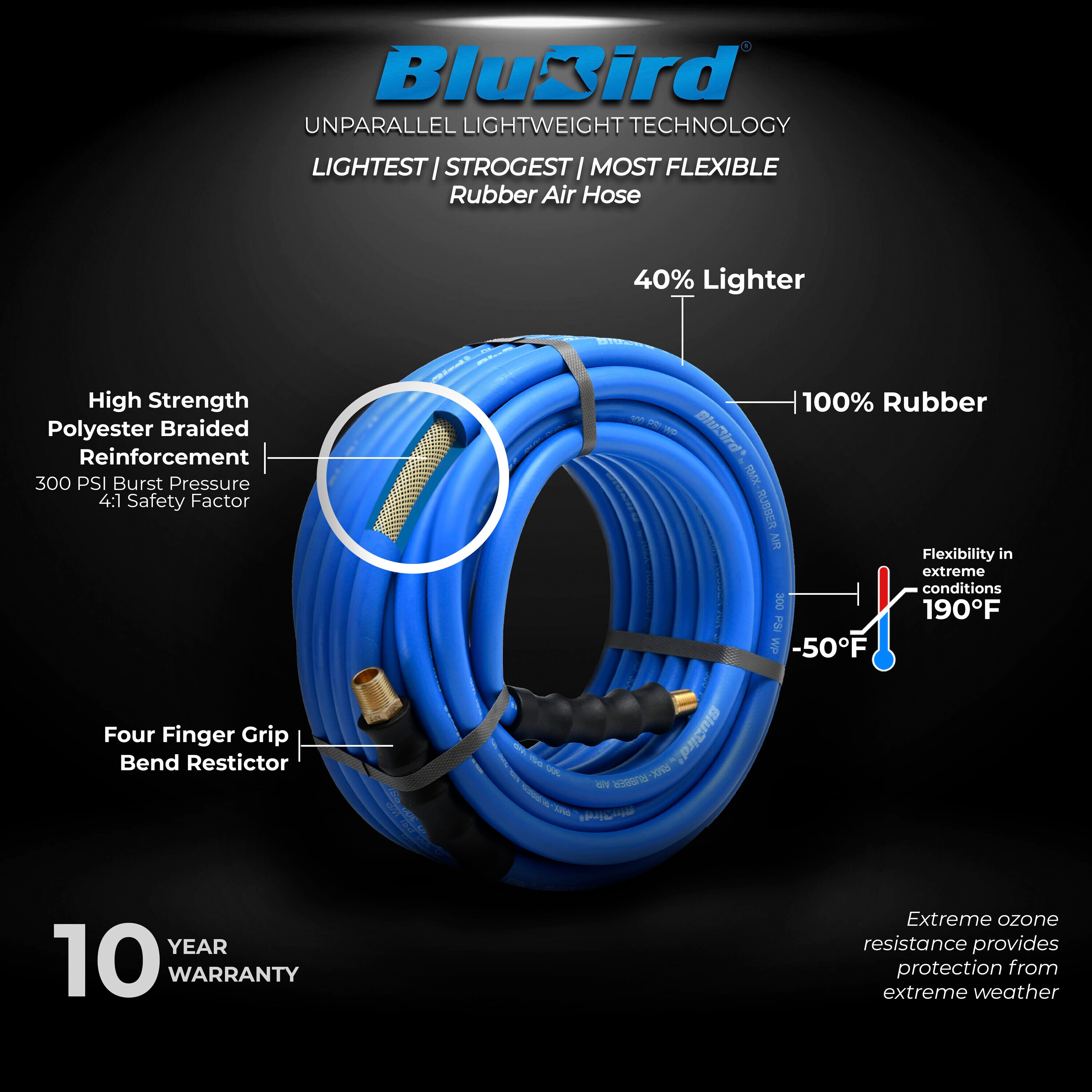 Manguera de Aire de Hule Premium a Granel de 3/8 pulgadas x 300 pies BluBird BB38300